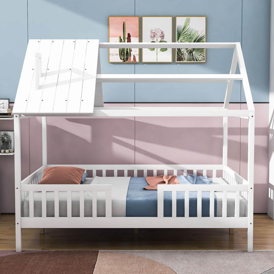 Full Wooden Kids Low Montessori Farmhouse Bed Frame with Rails