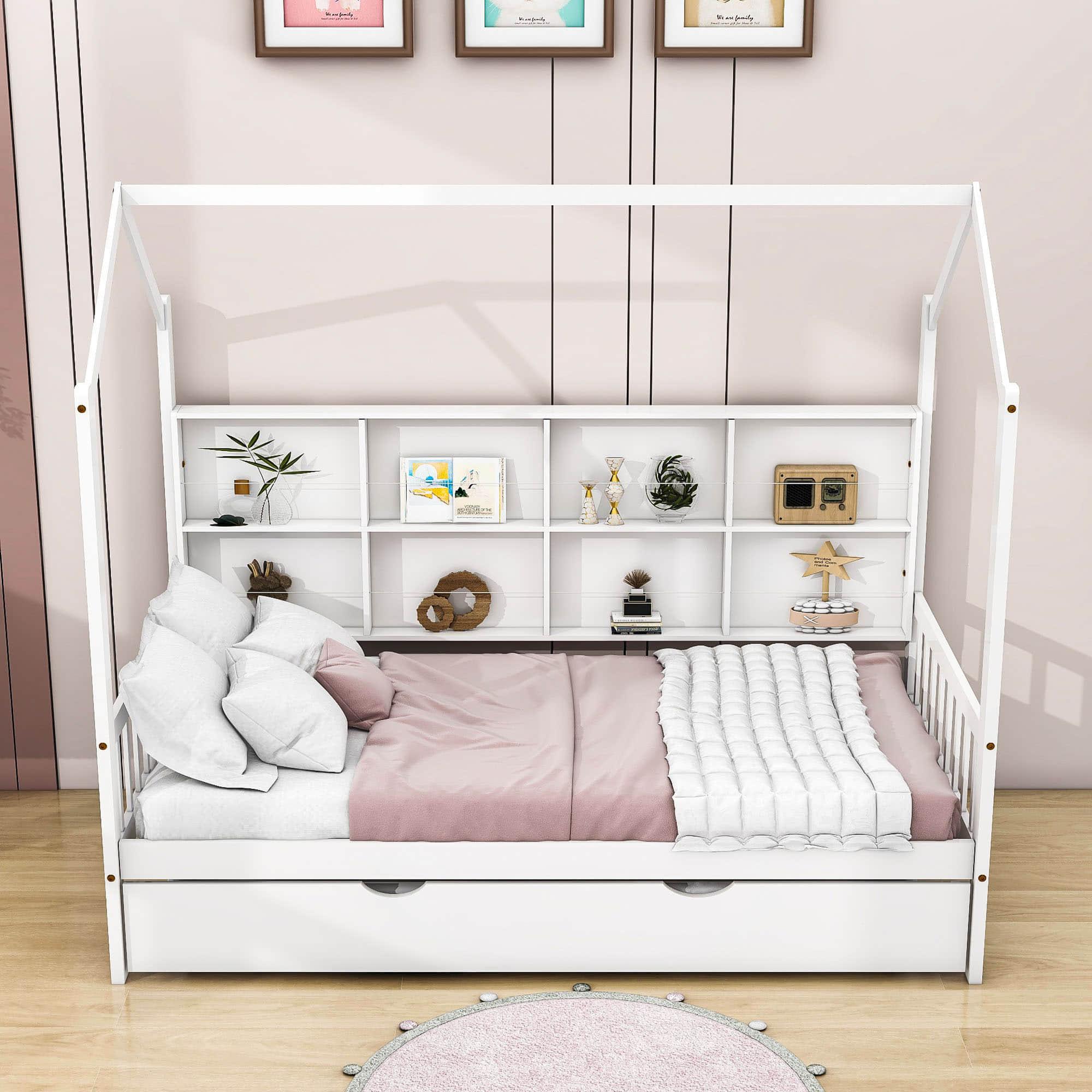 Twin Size Kids House Bed Frame with Twin Trundle and Shelf above Bed