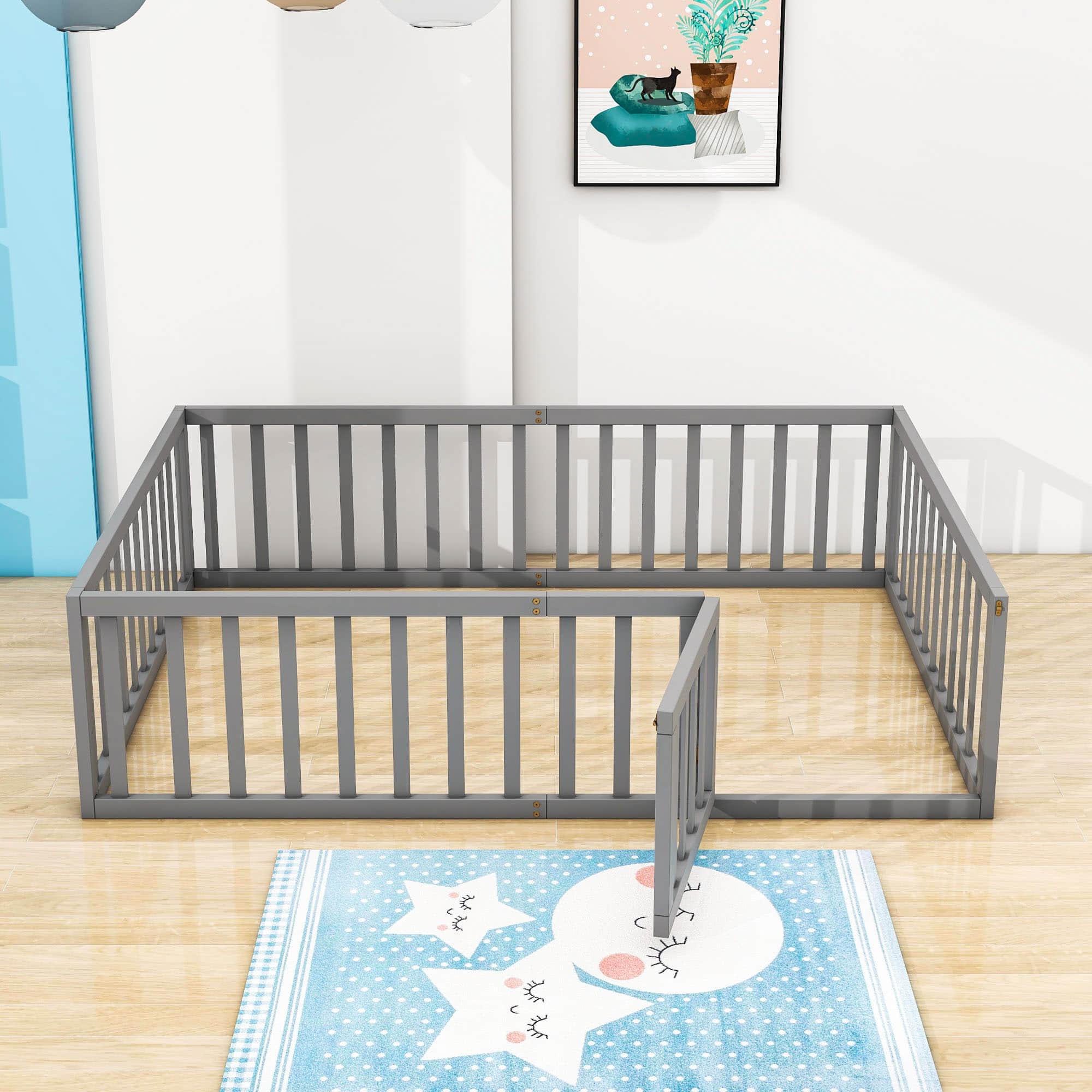 Wooden Queen Size Floor Toddler Bed with Rails and Door