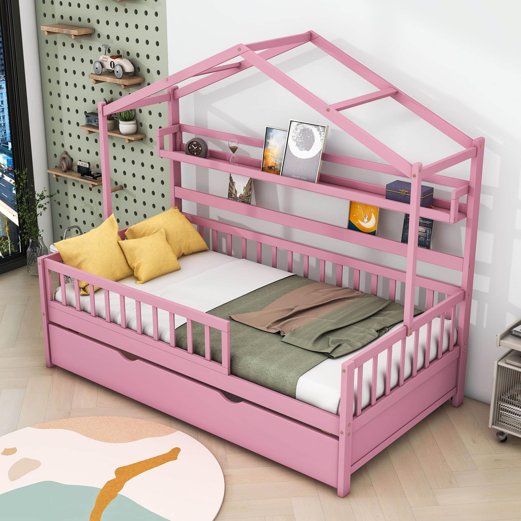 Wood Twin Size Low House Bed Frame with Storage and Twin Trundle Bed