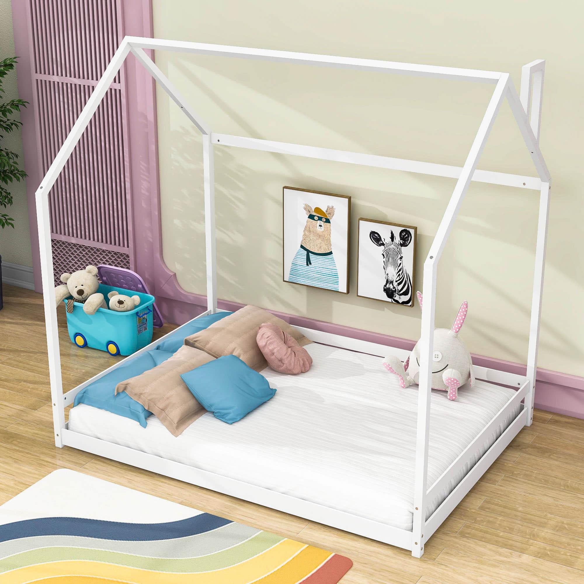 Solid Wood Full Size House Floor Bed for Toddler, Kids