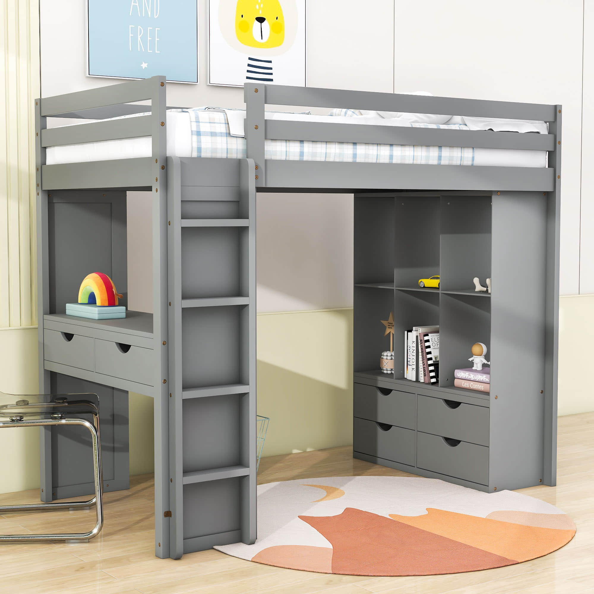 Modern Twin Loft Bed with Desk and Storage, LED Light for Adults, Teens