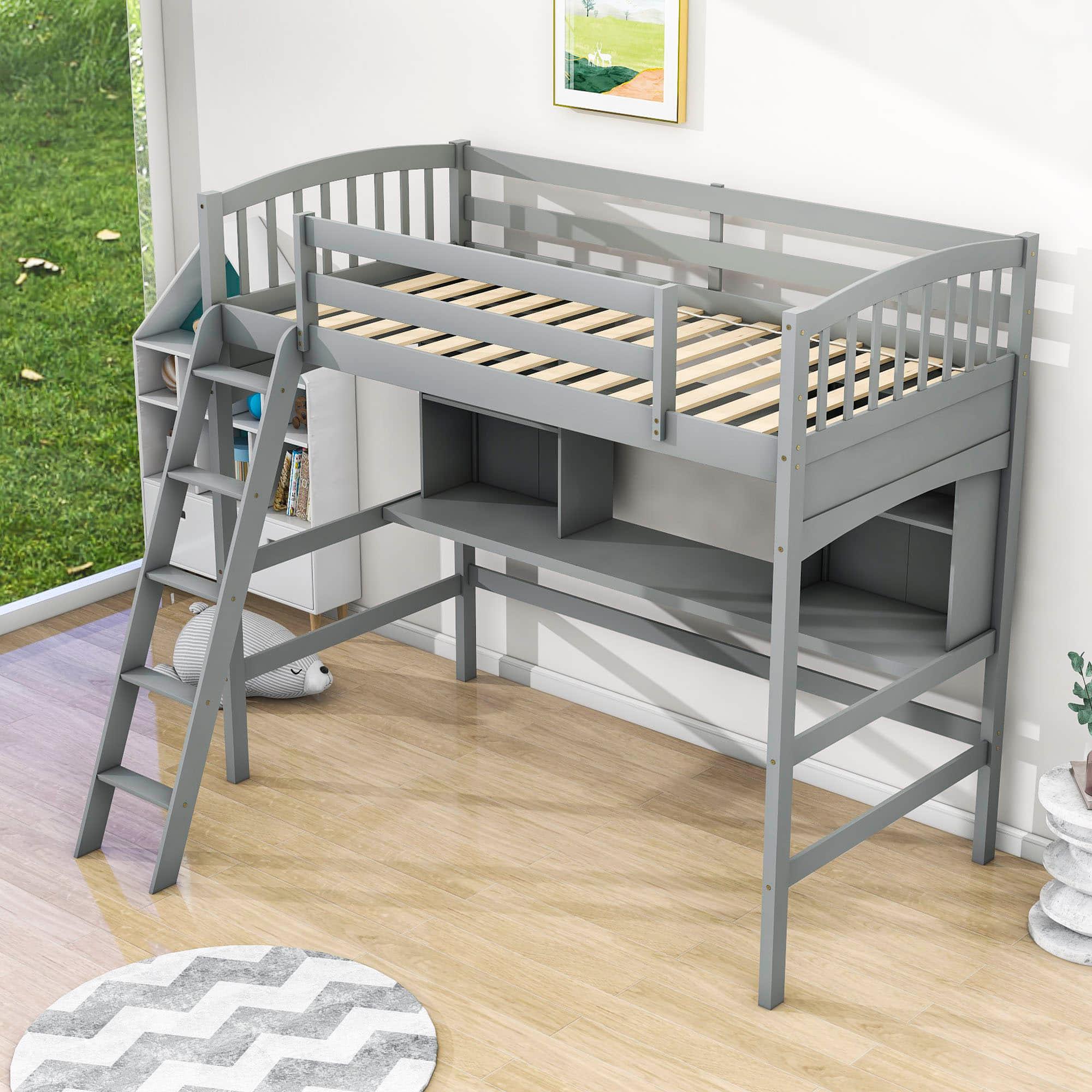 Convertible Twin High Loft Bed with Desk and Shelves - [Storage, Ladder, Wood]