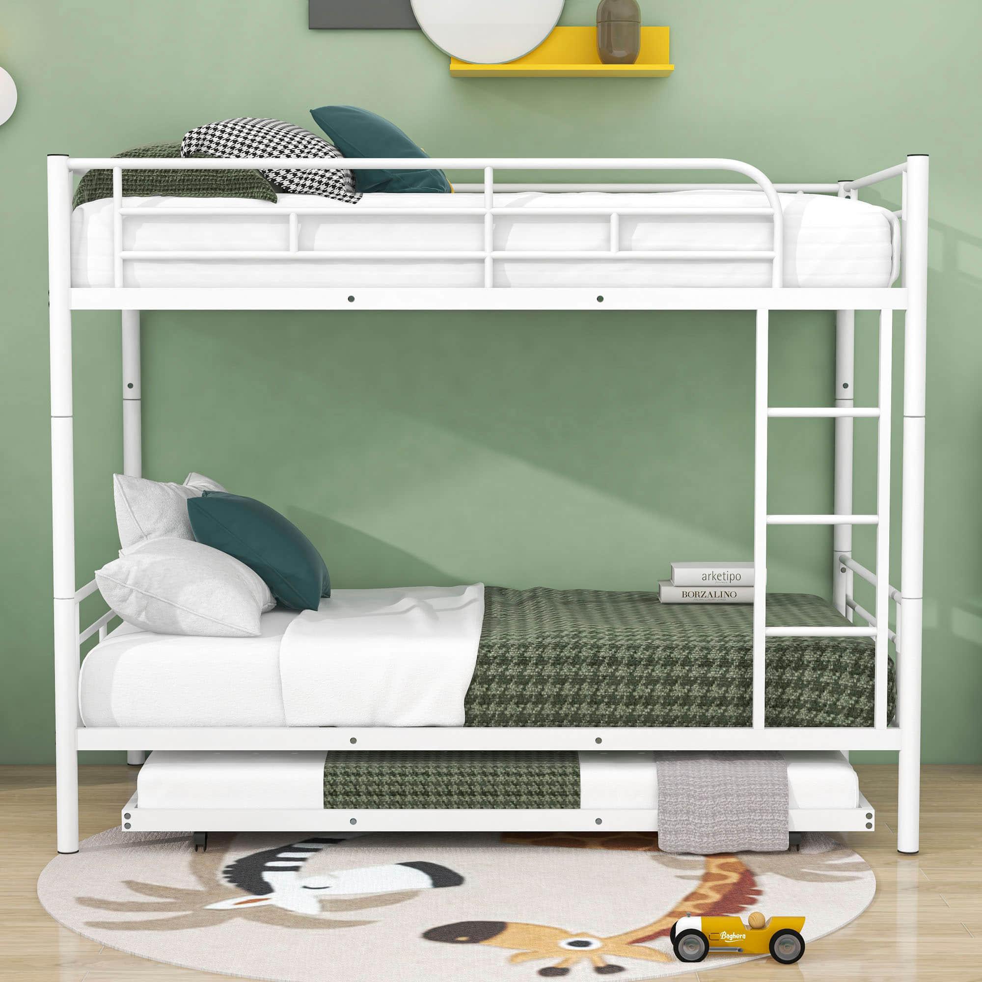 Twin Over Twin Classic Metal Bunk Bed with Trundle - [Detachable, Ladder]