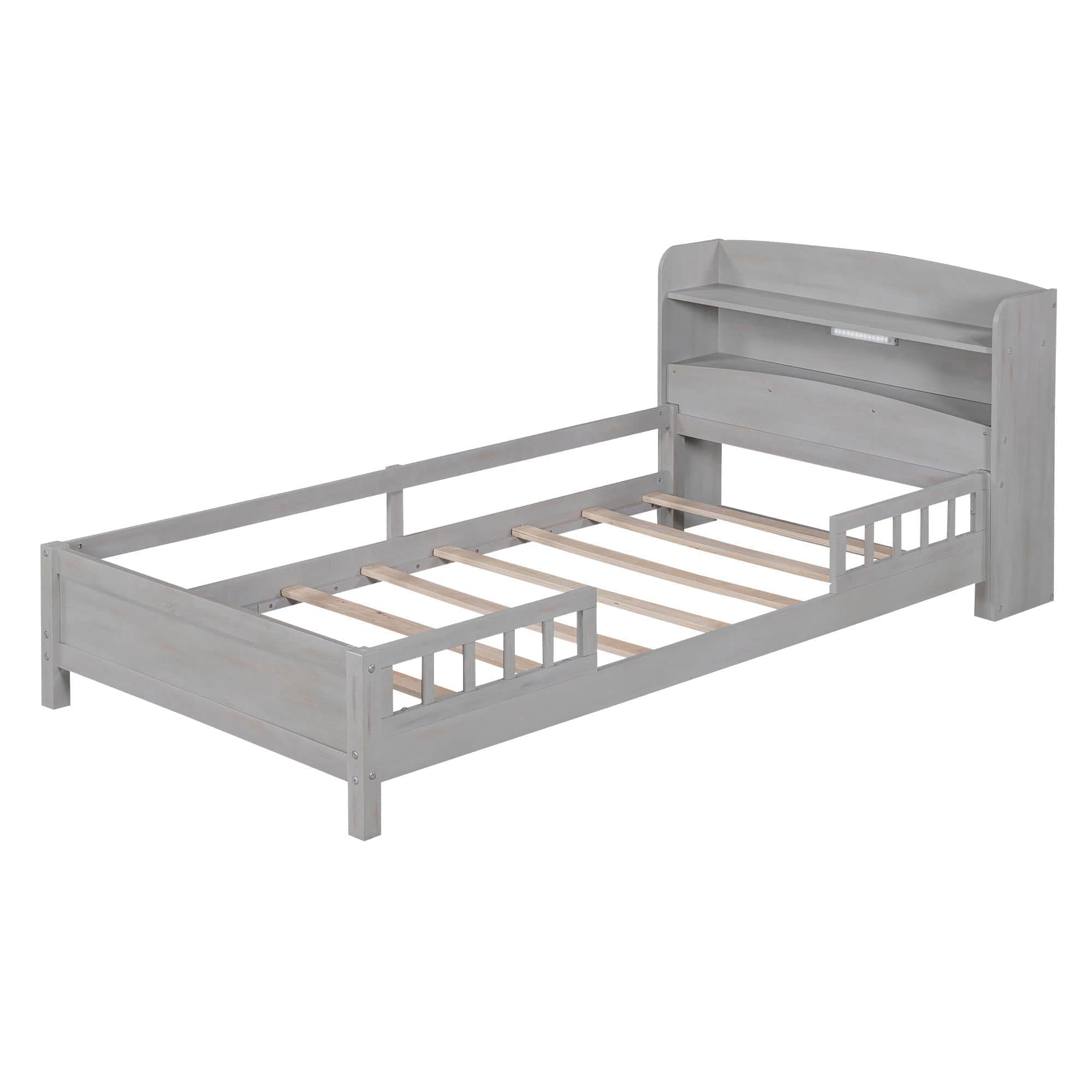 Low Twin Kids Platform Bed Frame with Rails and Storage Headboard