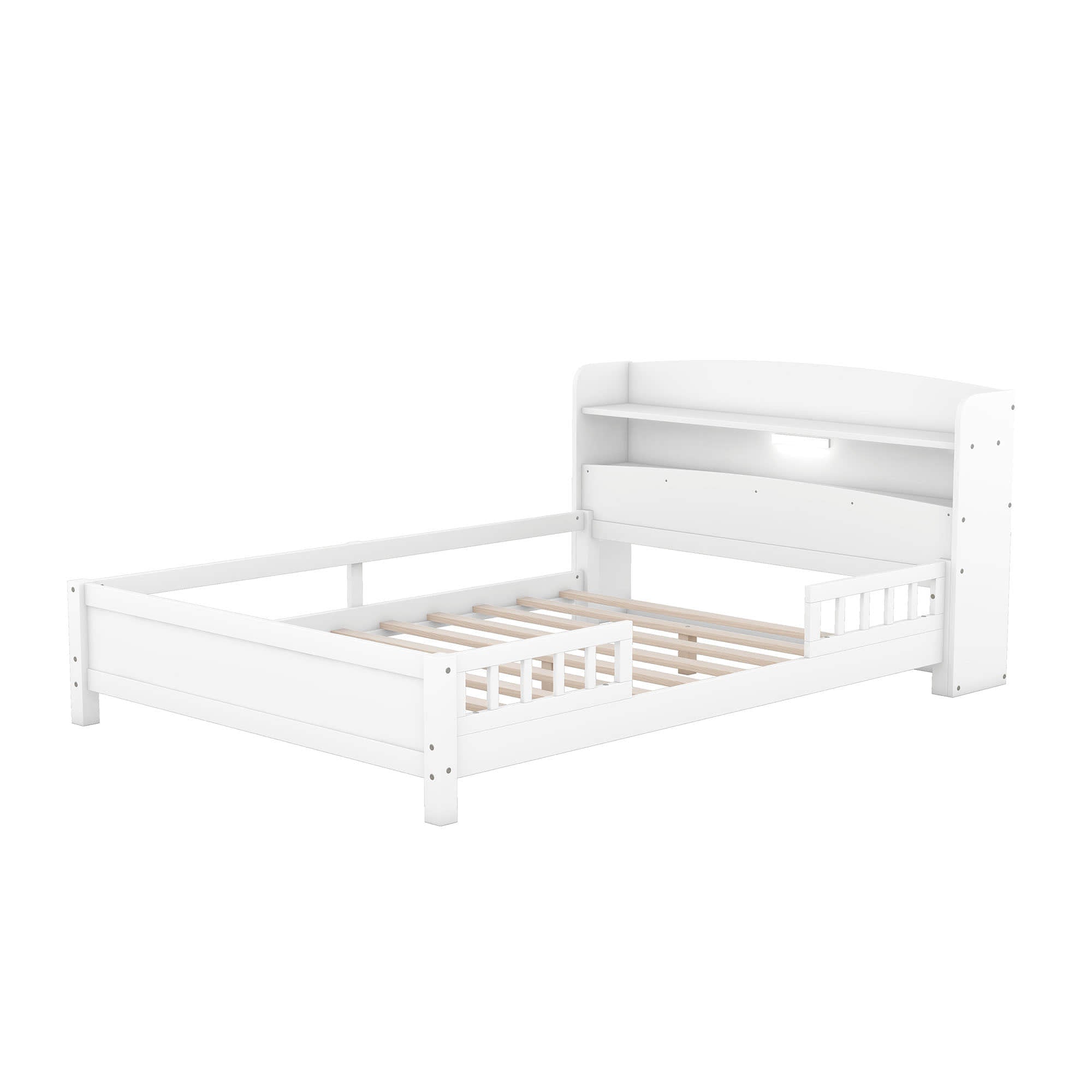 Wood Full Low Kids Platform Bed Frame with Rails and Storage Headboard