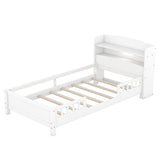 Low Twin Kids Platform Bed Frame with Rails and Storage Headboard