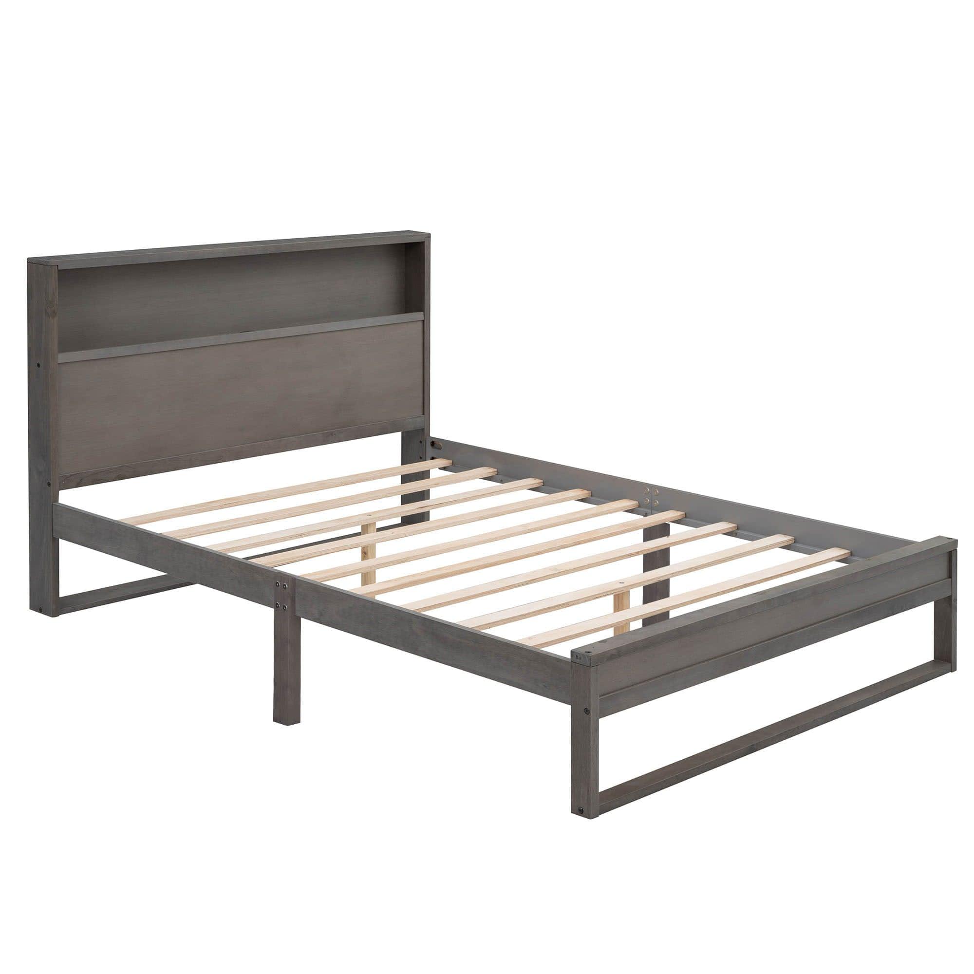 Smart Rustic Farmhouse Queen Size Platform Bed with Storage Headboard - [Sockets, USB Ports]