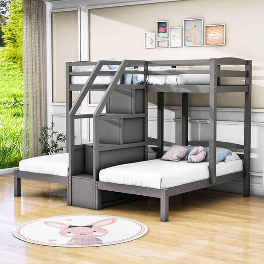 Wood Twin over Twin & Twin Triple Bunk Bed for Kids with Stairs and Storage