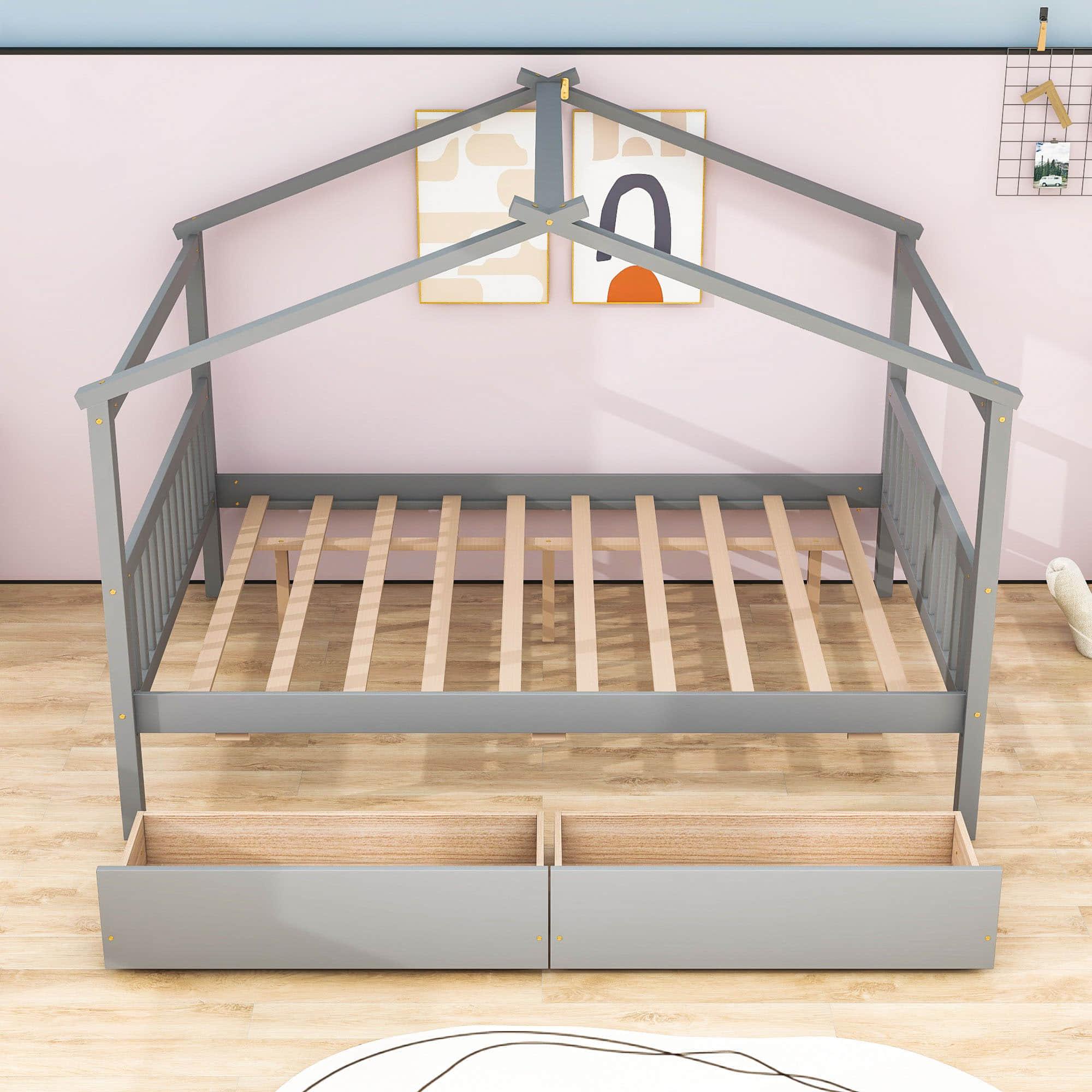 Wooden Full Size House Bed with Storage Drawers for Kids