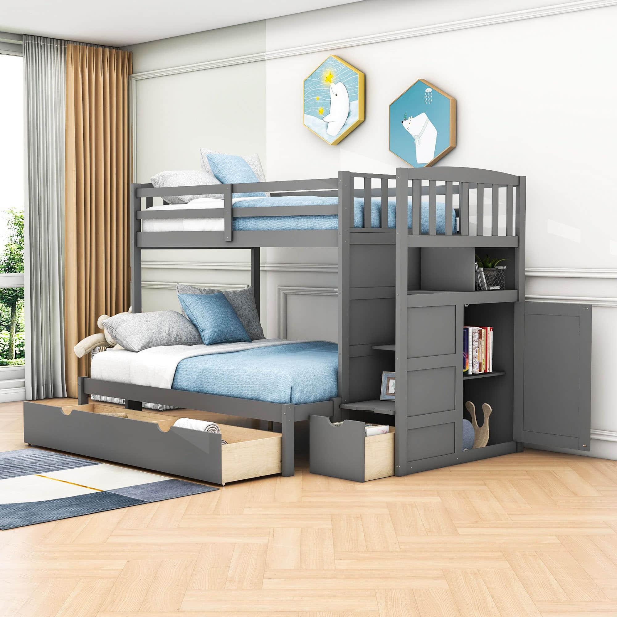 Twin Over Twin/Full Convertible Bunk Beds with Stairs and Storage - [Drawers, Shelves, Cabinet]