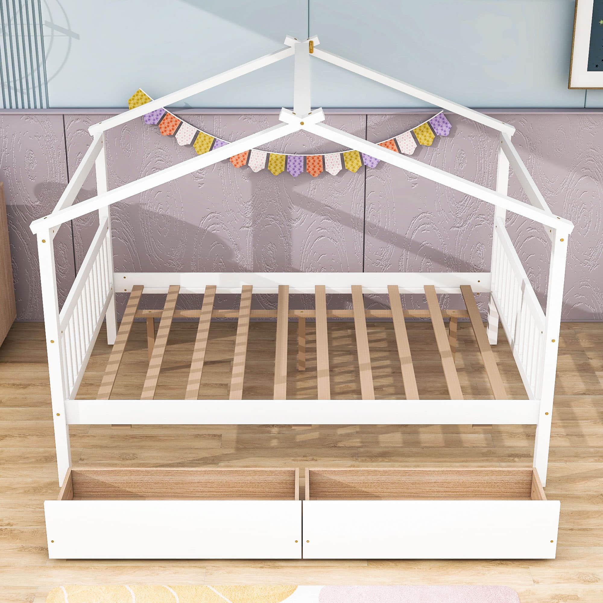 Wooden Full Size House Bed with Storage Drawers for Kids