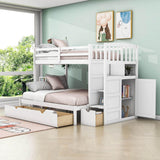 Twin Over Twin/Full Convertible Bunk Beds with Stairs and Storage - [Drawers, Shelves, Cabinet]