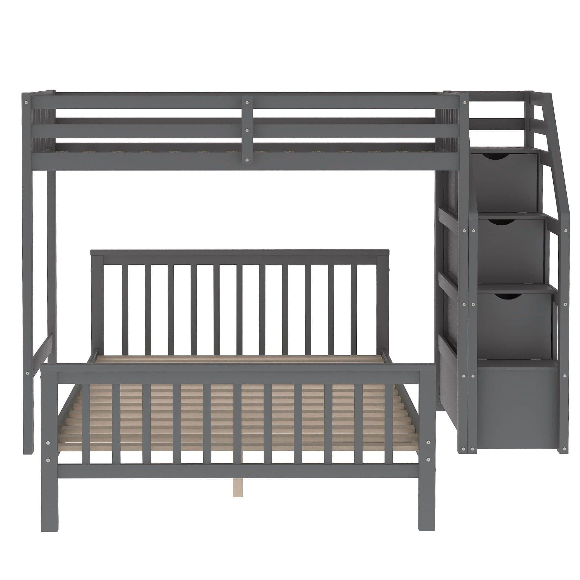 Twin Over Full Loft Bunk Beds with Stairs and Storage for Kids, Adults - [Detachable]