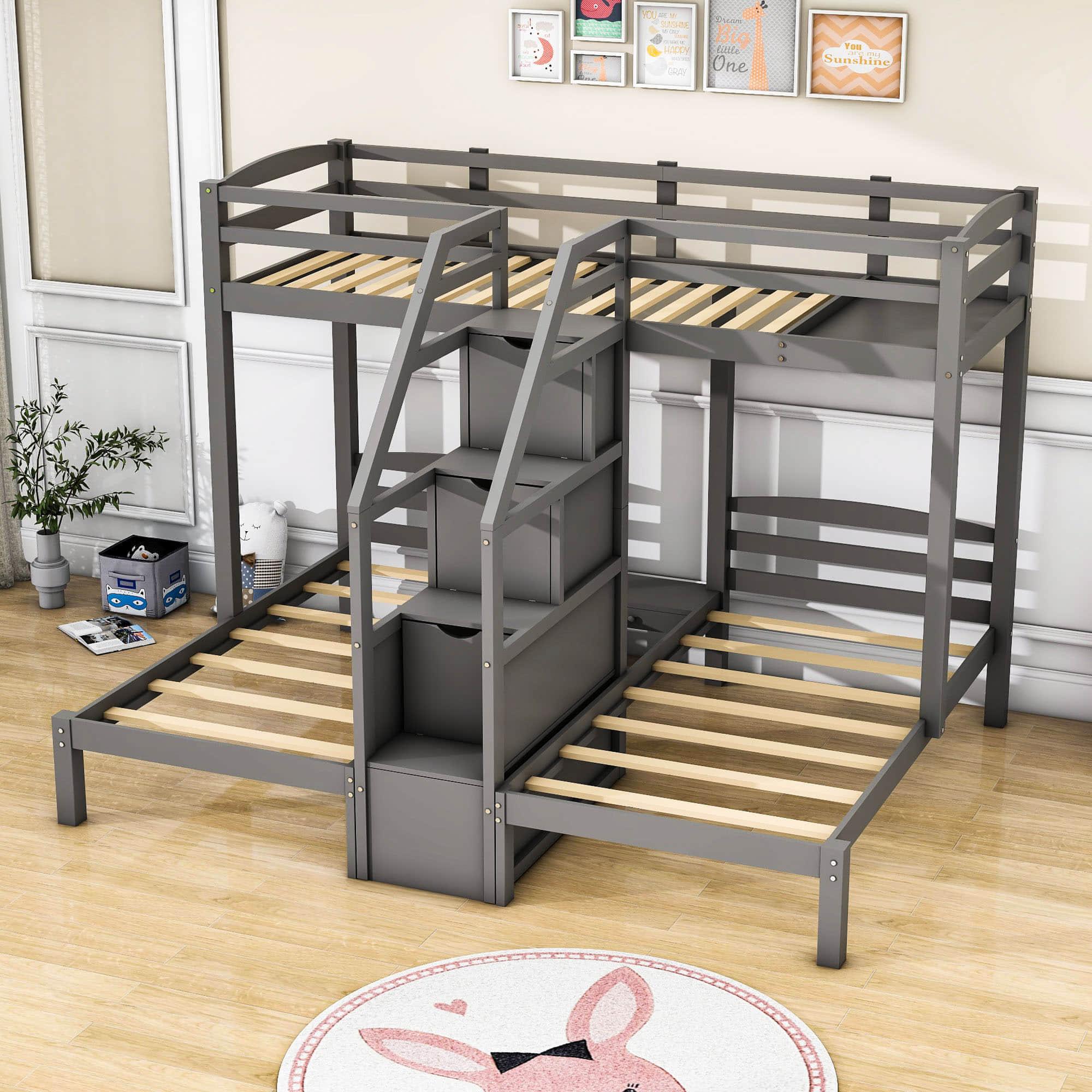 Wood Twin over Twin & Twin Triple Bunk Bed for Kids with Stairs and Storage