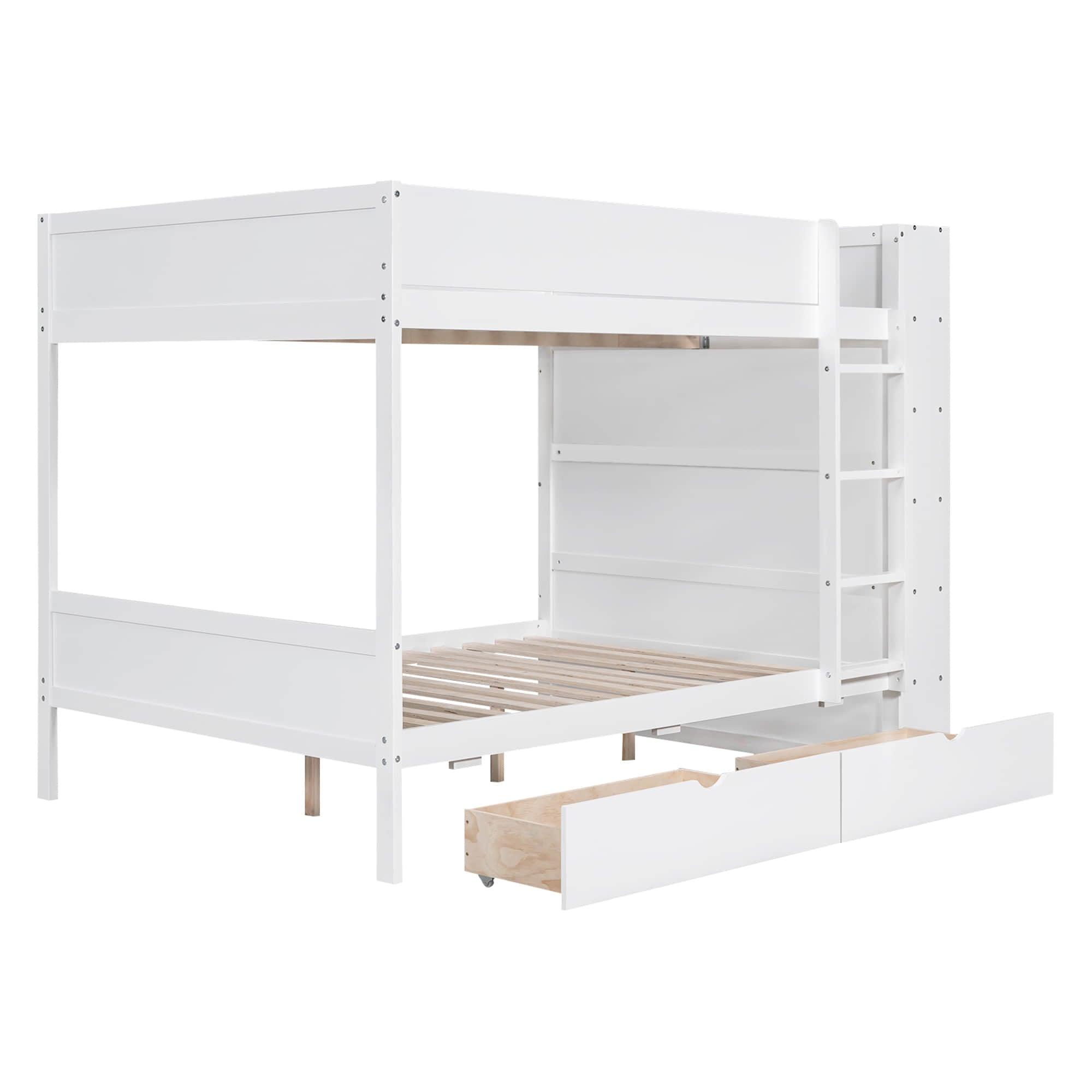 Wooden Full Over Full Bunk Beds with Storage Drawers, Shelves