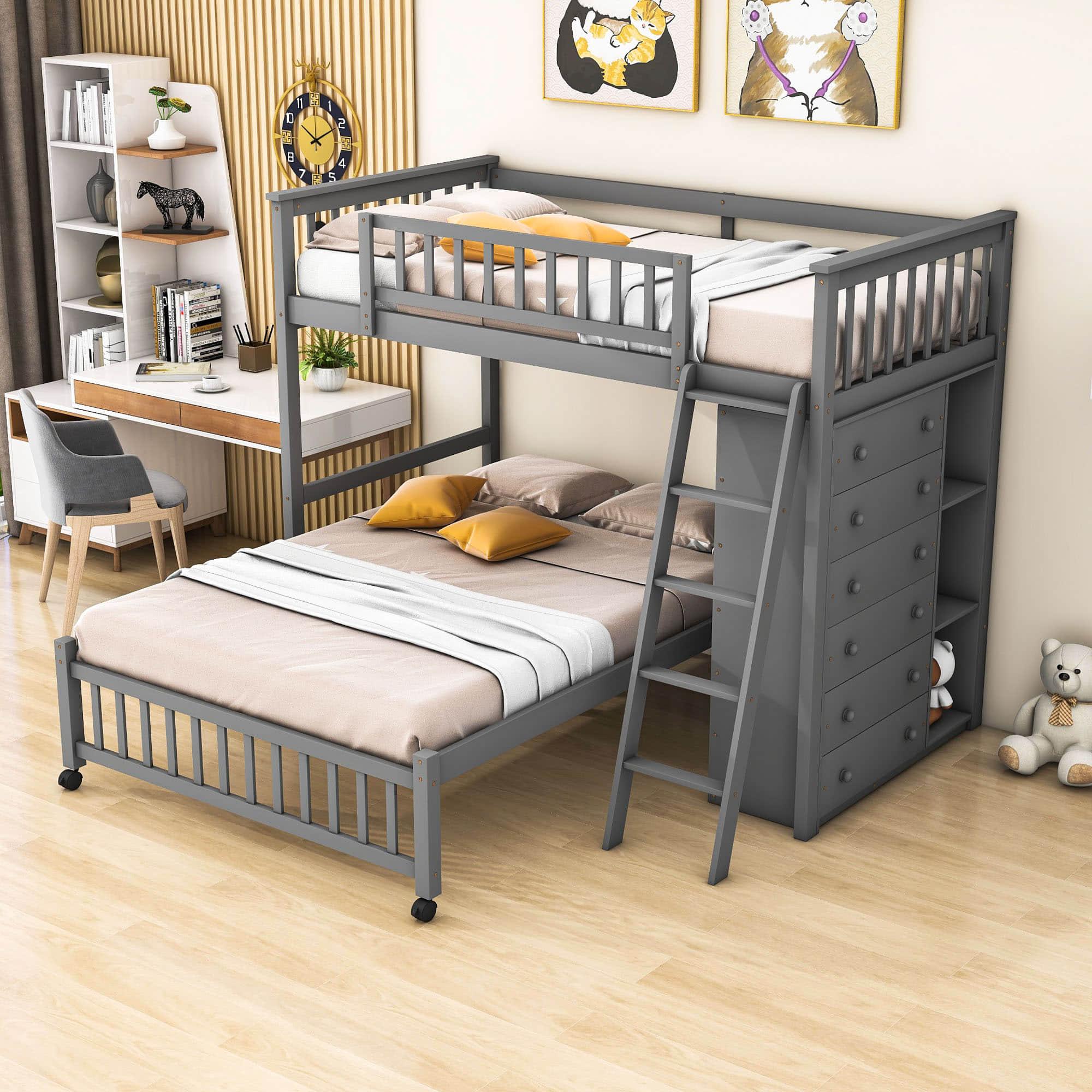 Wooden L-Shaped Twin Over Full Adult Bunk Beds with Storage - [Drawers]