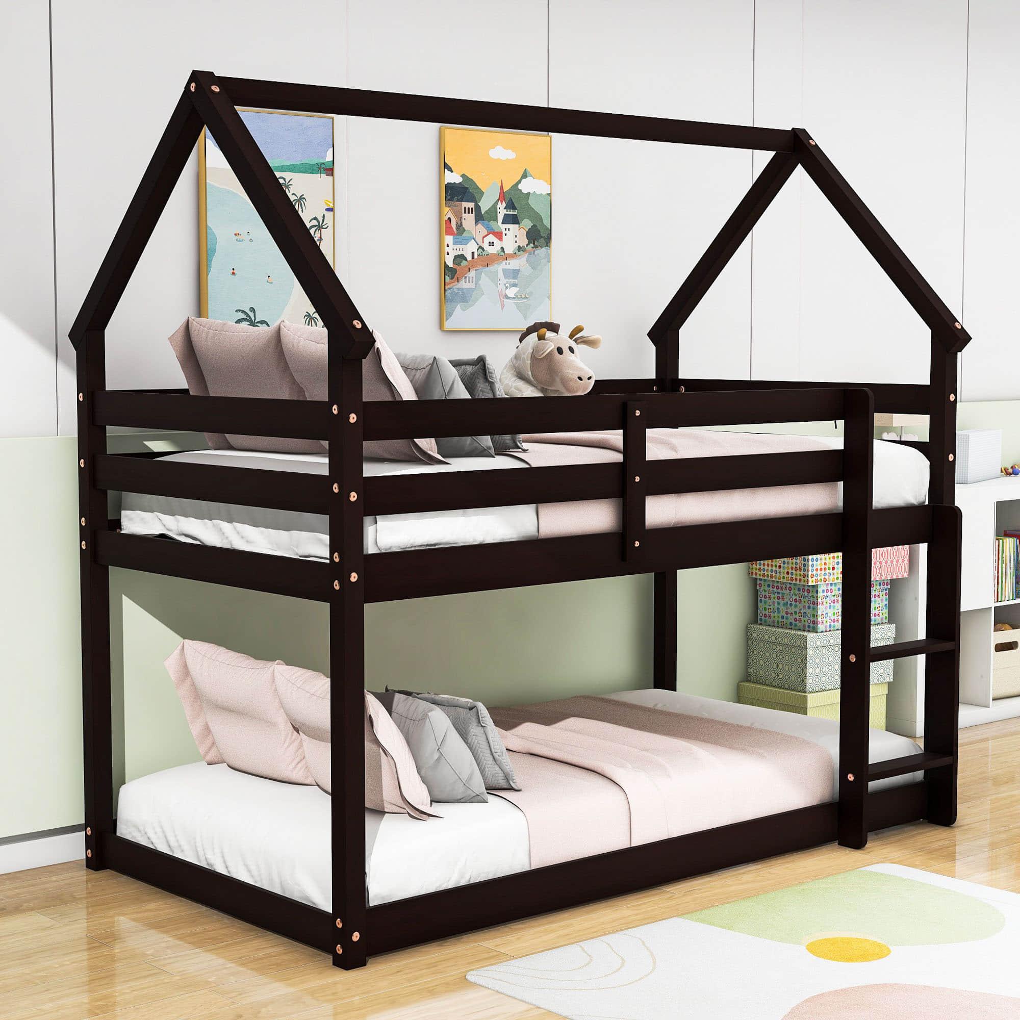 Small Low Twin Over Twin House Floor Bunk Beds for Kids, Toddler