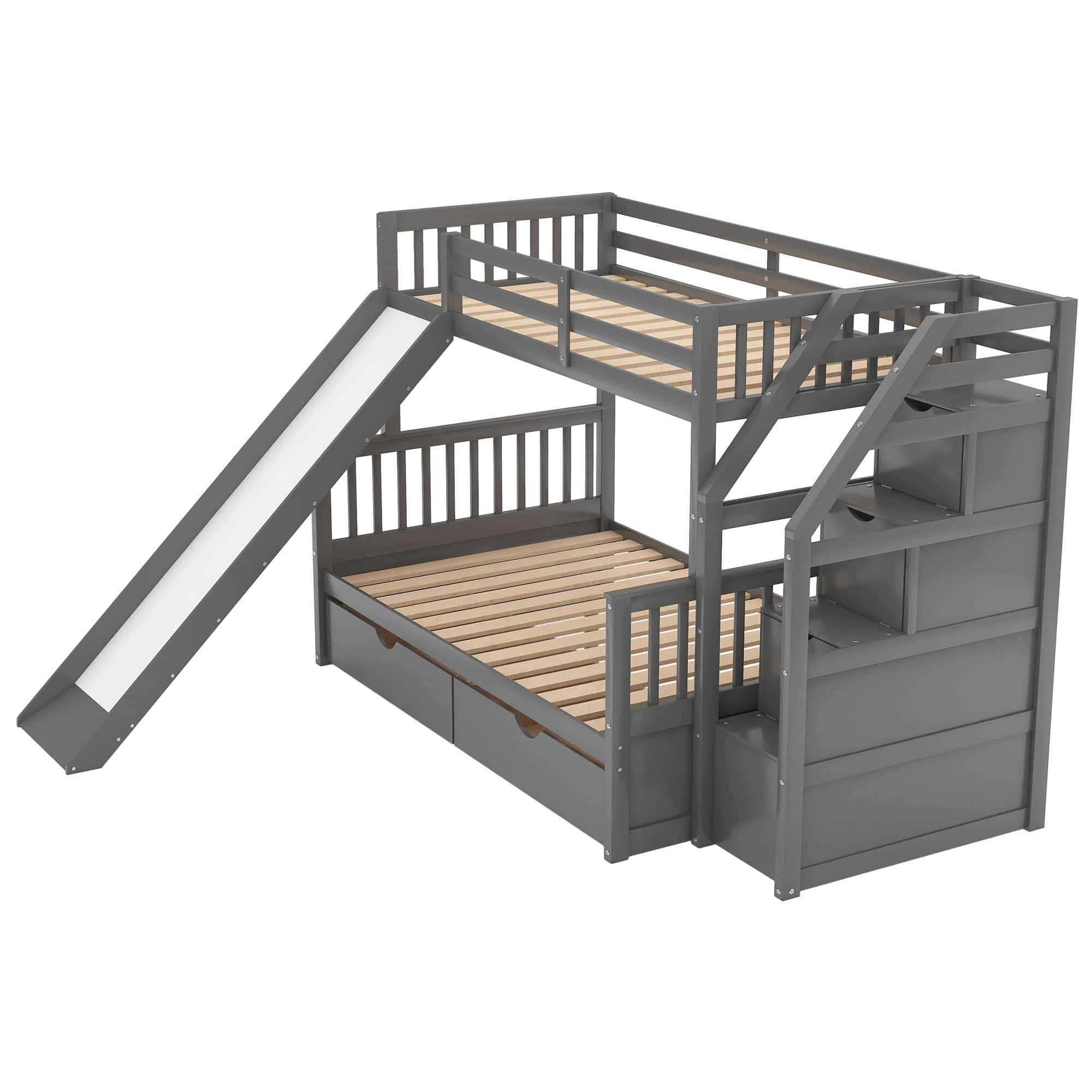 Twin Over Full Bunk Beds with Slide and Stairs, Storage for Kids - [Drawers, Cabinet]