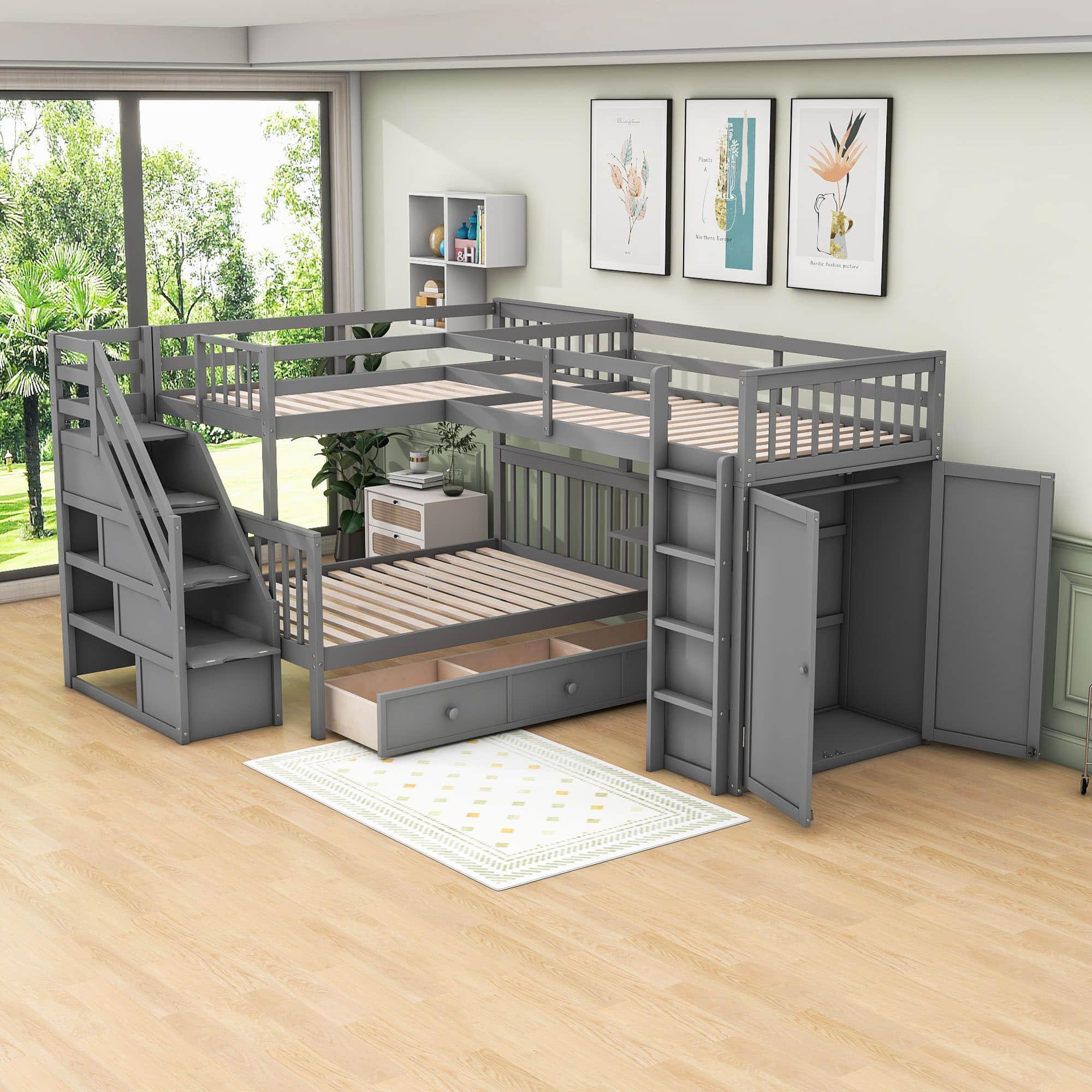 Twin Over Full Loft Triple Bunk Beds with Desk and Storage Stairs - [Drawers, Wardrobe]