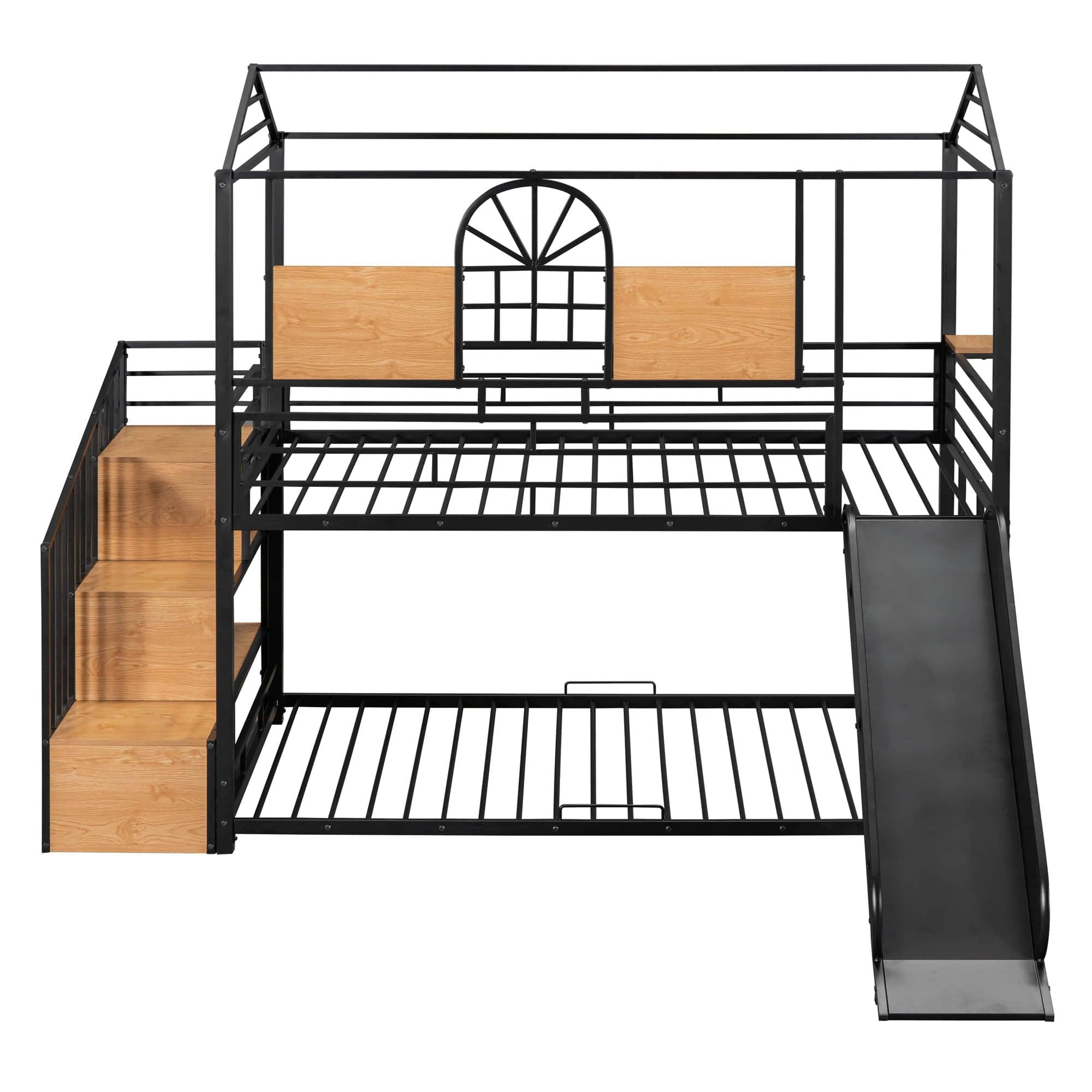 Kids Low Twin Over Twin House Metal Bunk Beds with Stairs and Slide