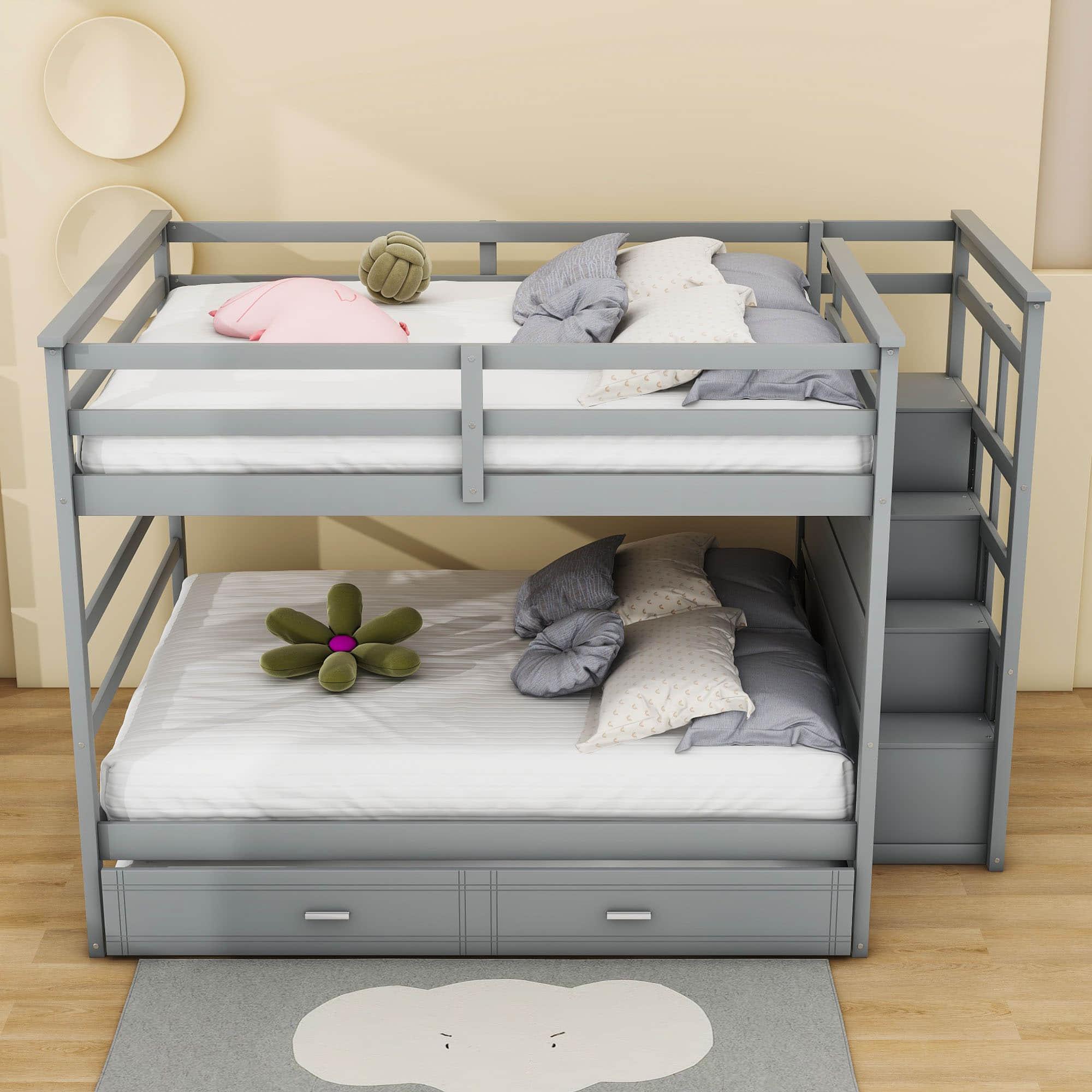 Full Size Bunk Beds with Stairs and Trundle, Storage for Kids, Adults