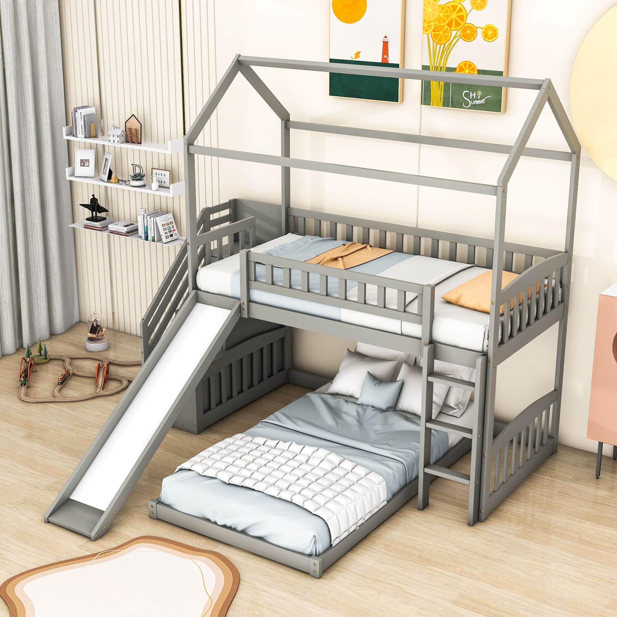 Floor Twin Bunk Beds for Toddlers Kids with Stairs and Slide - [Wood]