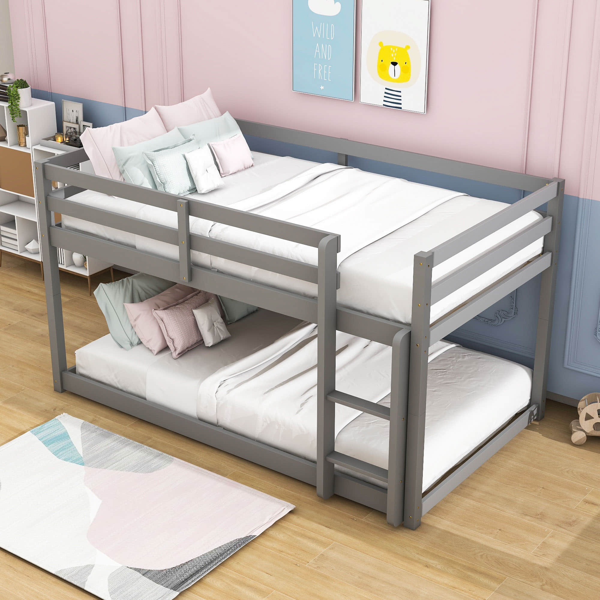 Wooden Low Twin Over Twin Floor Toddler Bunk Beds