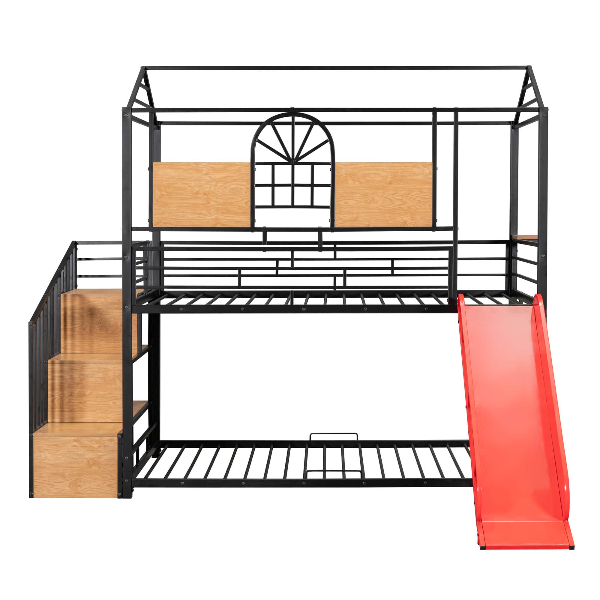 Kids Low Twin Over Twin House Metal Bunk Beds with Stairs and Slide