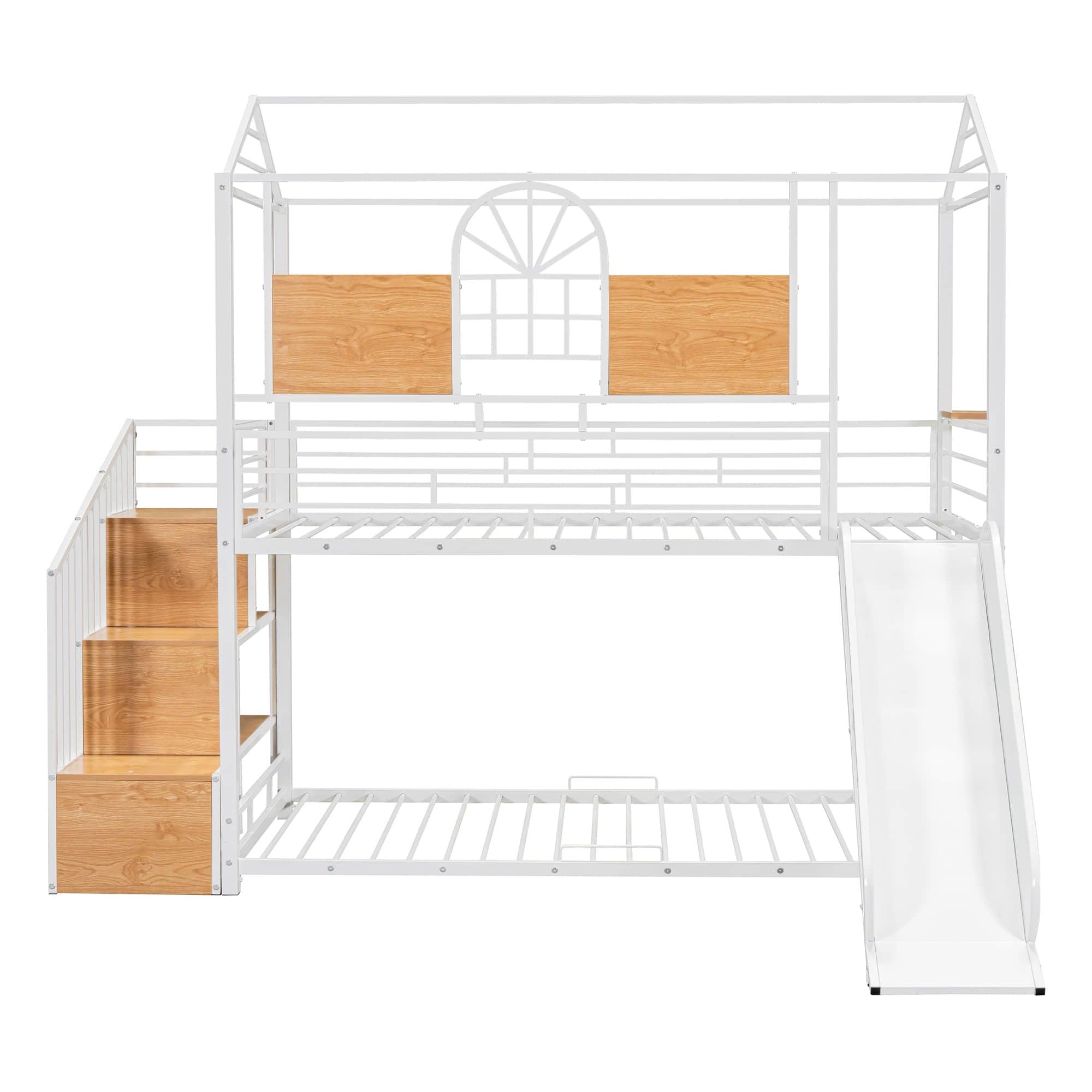 Kids Low Twin Over Twin House Metal Bunk Beds with Stairs and Slide