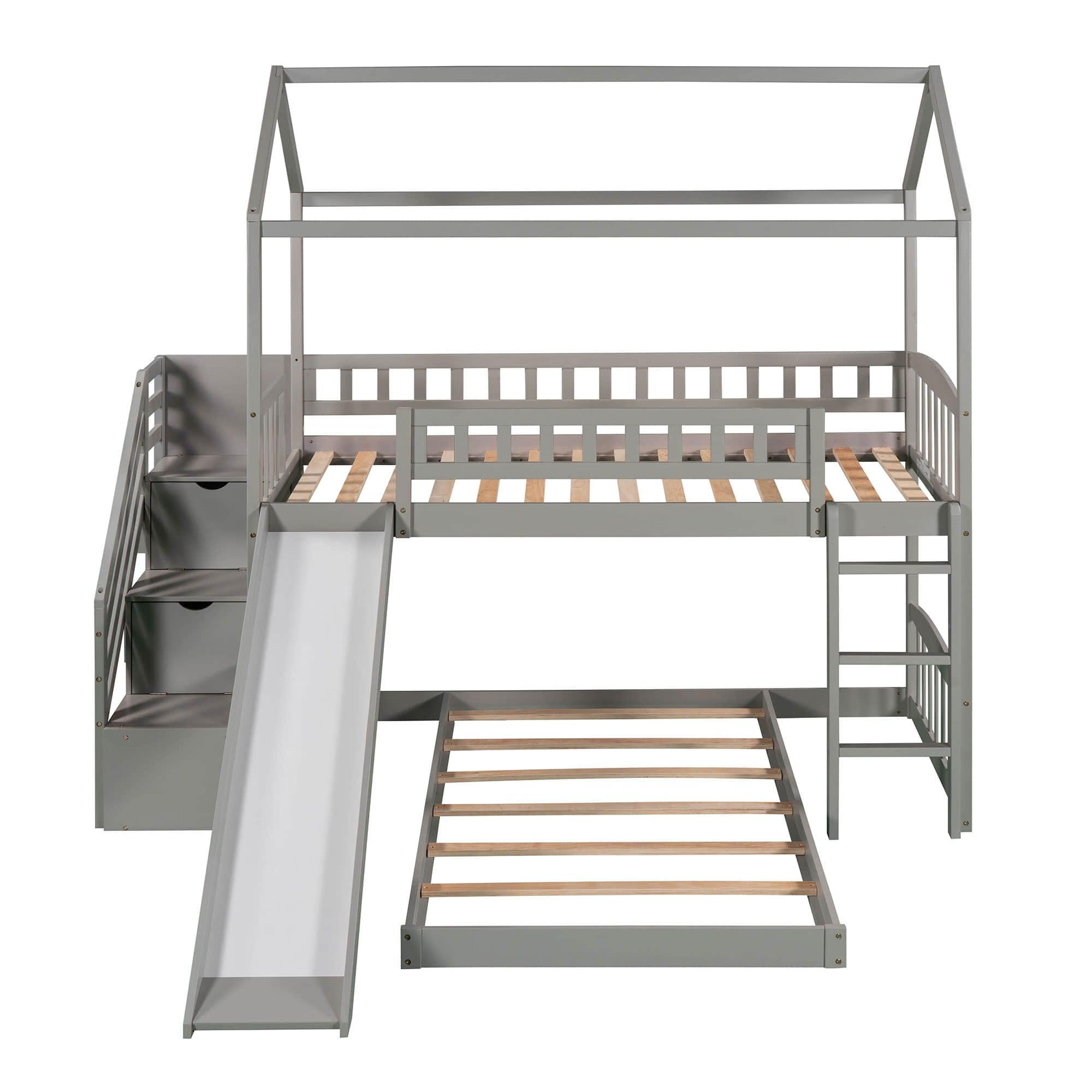 Floor Twin Bunk Beds for Toddlers Kids with Stairs and Slide - [Wood]