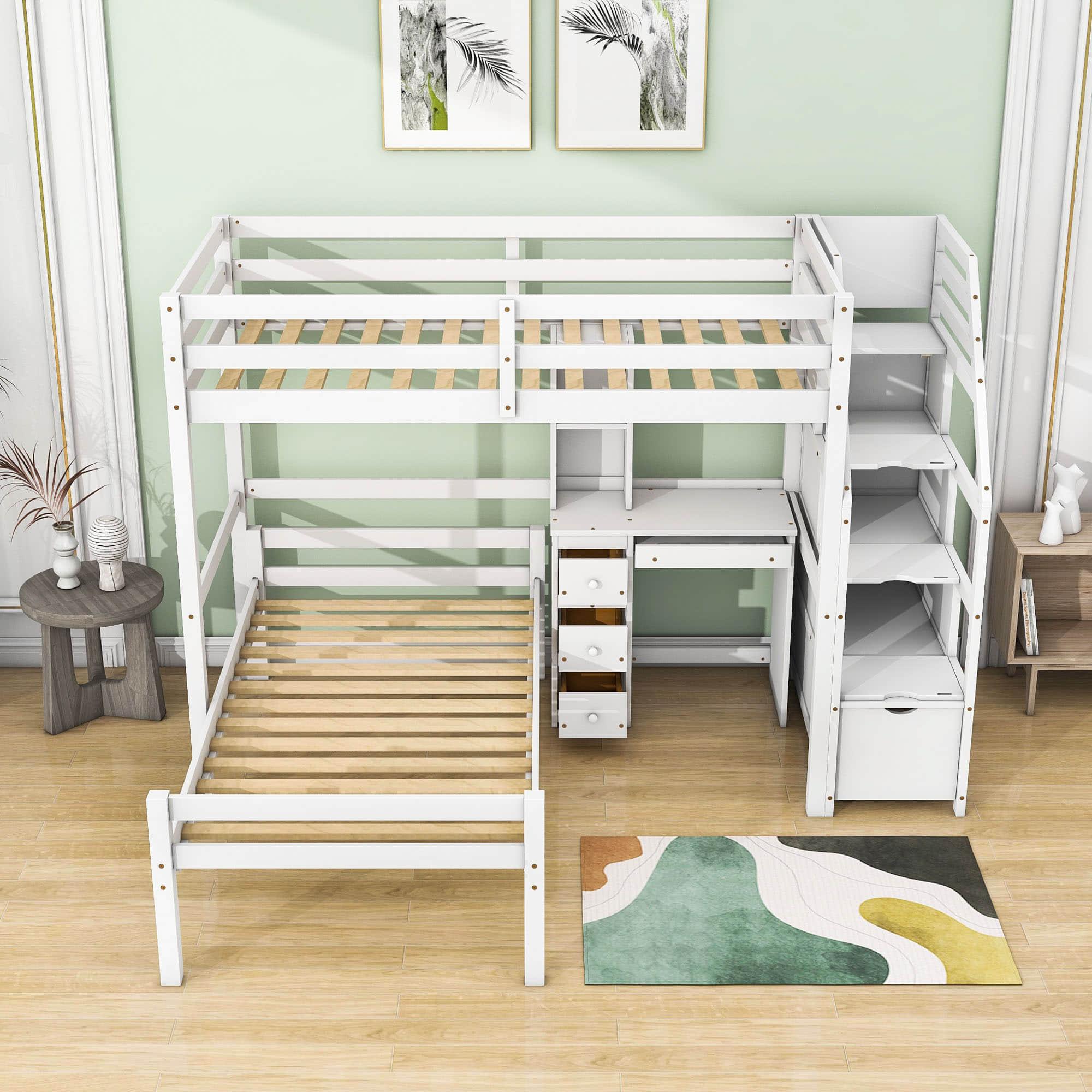 Twin Over Twin Bunk Beds with Desk and Storage Stairs - [Drawers, Shelves, L-Shaped]