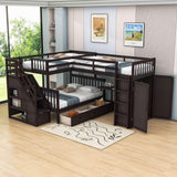 Twin Over Full Loft Triple Bunk Beds with Desk and Storage Stairs - [Drawers, Wardrobe]