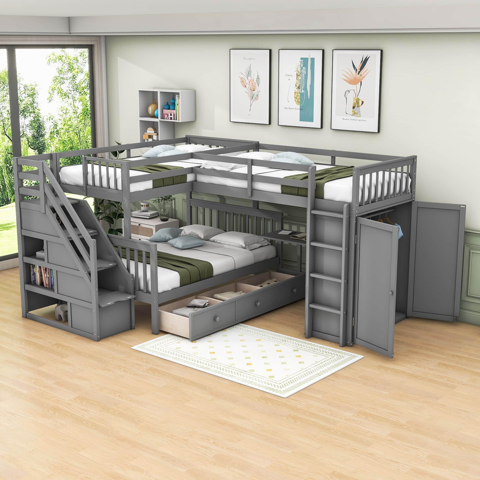 Twin Over Full Loft Triple Bunk Beds with Desk and Storage Stairs - [Drawers, Wardrobe]