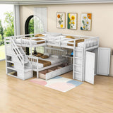 Twin Over Full Loft Triple Bunk Beds with Desk and Storage Stairs - [Drawers, Wardrobe]