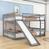 Low Full Over Full Bunk Beds with Slide for Kids Toddler - [Wood, Floor]