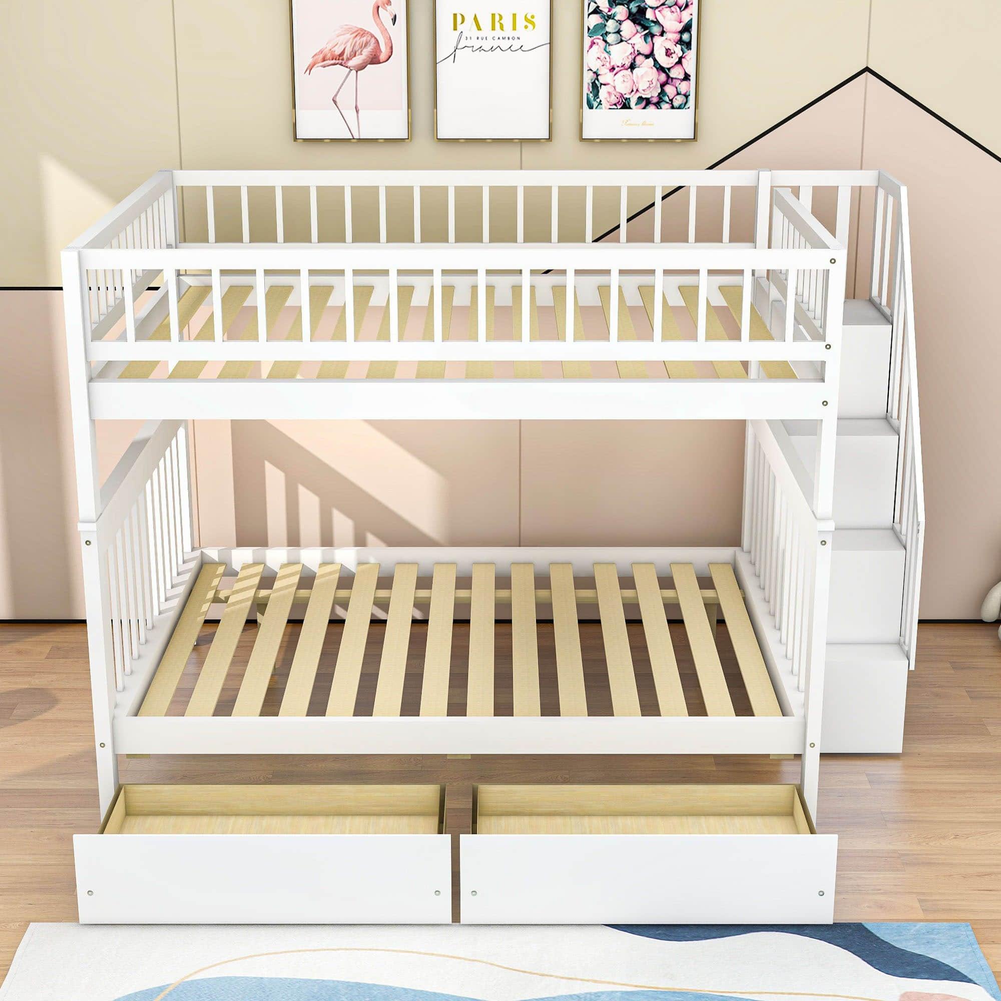 Wood Full Over Full Bunk Beds for Adults Kids with Stairs and Storage