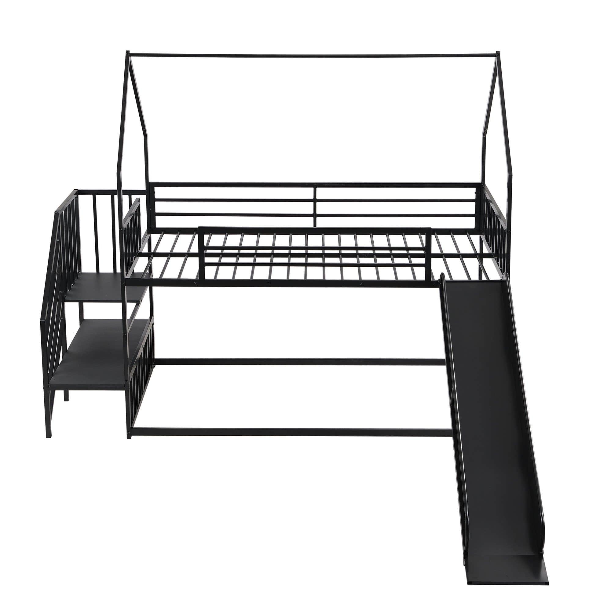 Metal House Twin Loft Bunk Beds for Kids with Stairs and Slide - [Low]