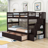 Twin Over Twin Bunk Bed With Stairs and Storage - [Drawers, Shelves, Wood]