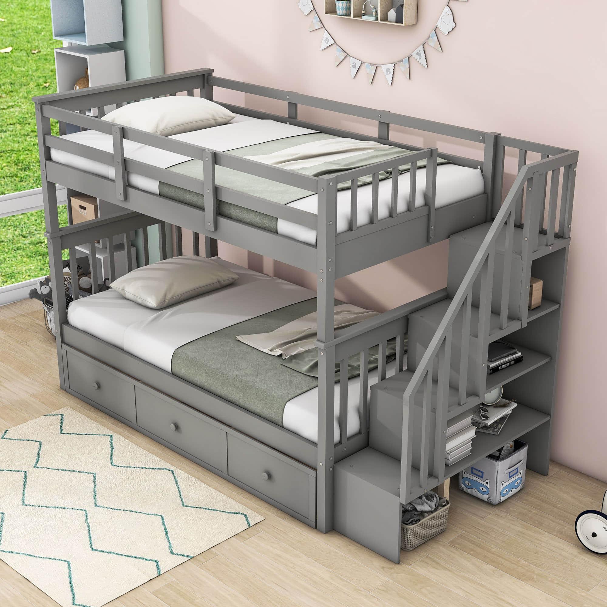 Twin Over Twin Bunk Bed With Stairs and Storage - [Drawers, Shelves, Wood]