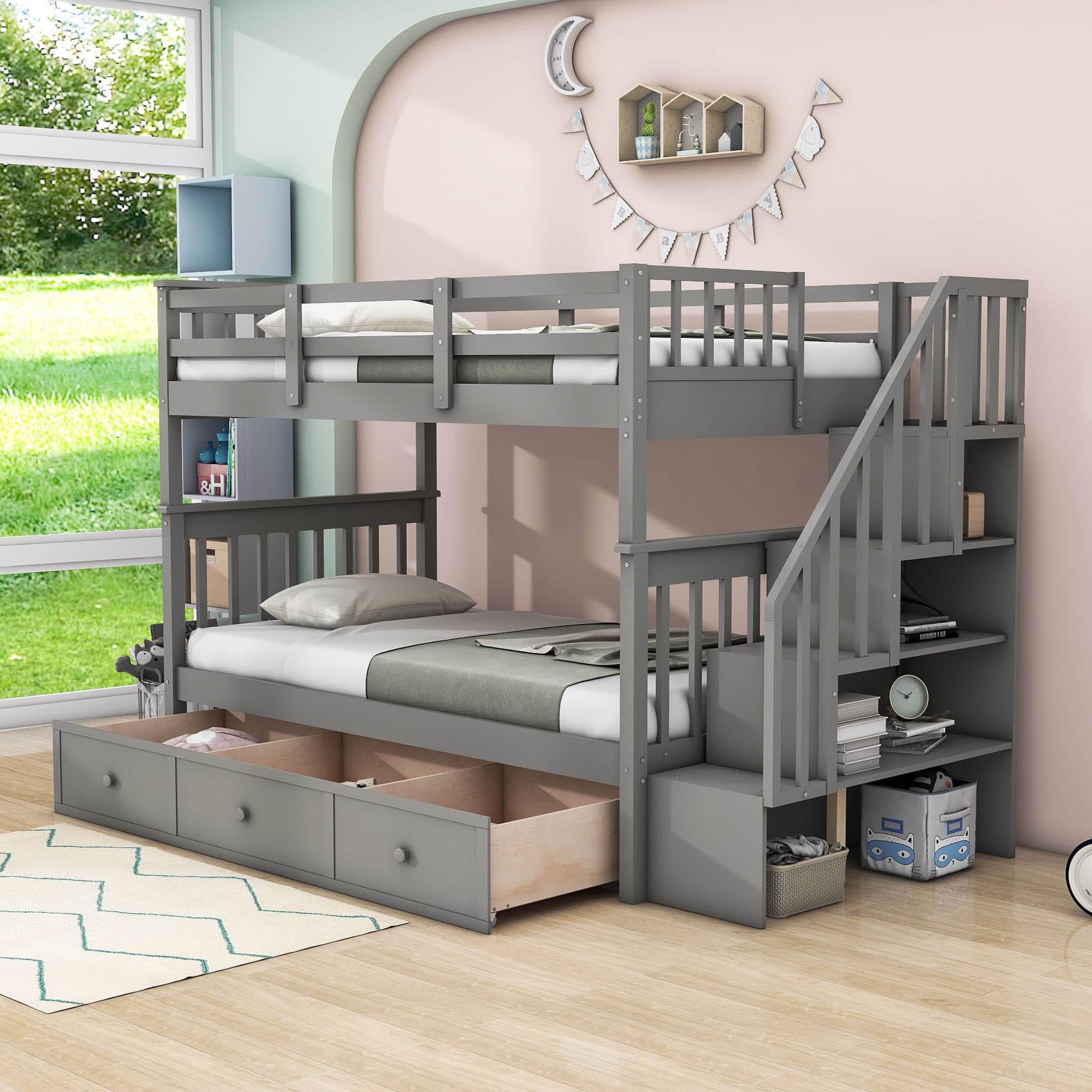 Twin Over Twin Bunk Bed With Stairs and Storage - [Drawers, Shelves, Wood]