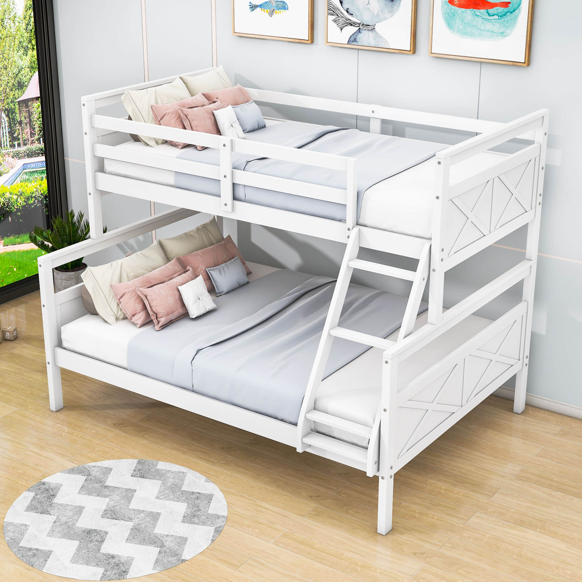 Wooden Twin Over Full Convertible Bunk Bed for Kids, Adults