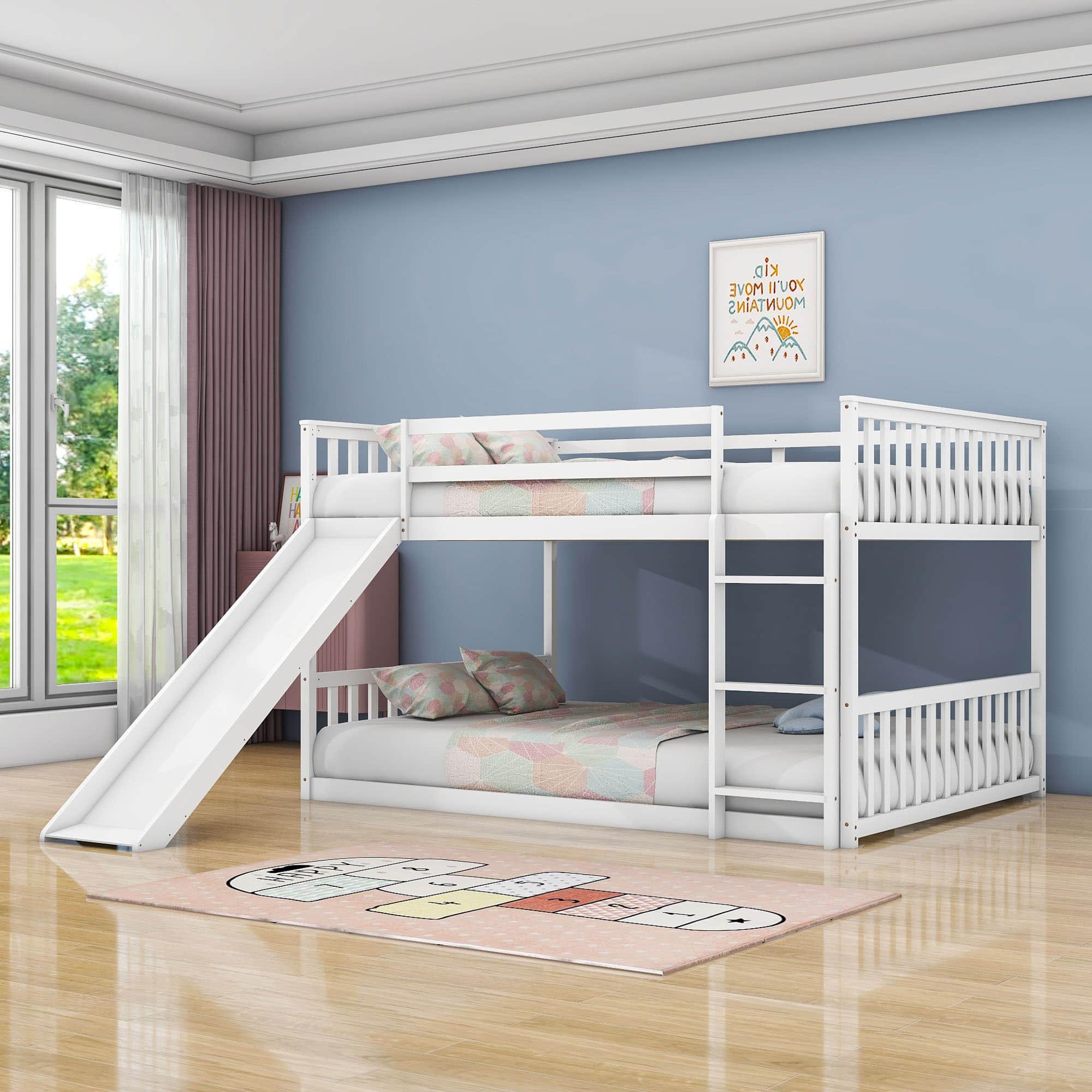 Low Full Over Full Bunk Beds with Slide for Kids Toddler - [Wood, Floor]