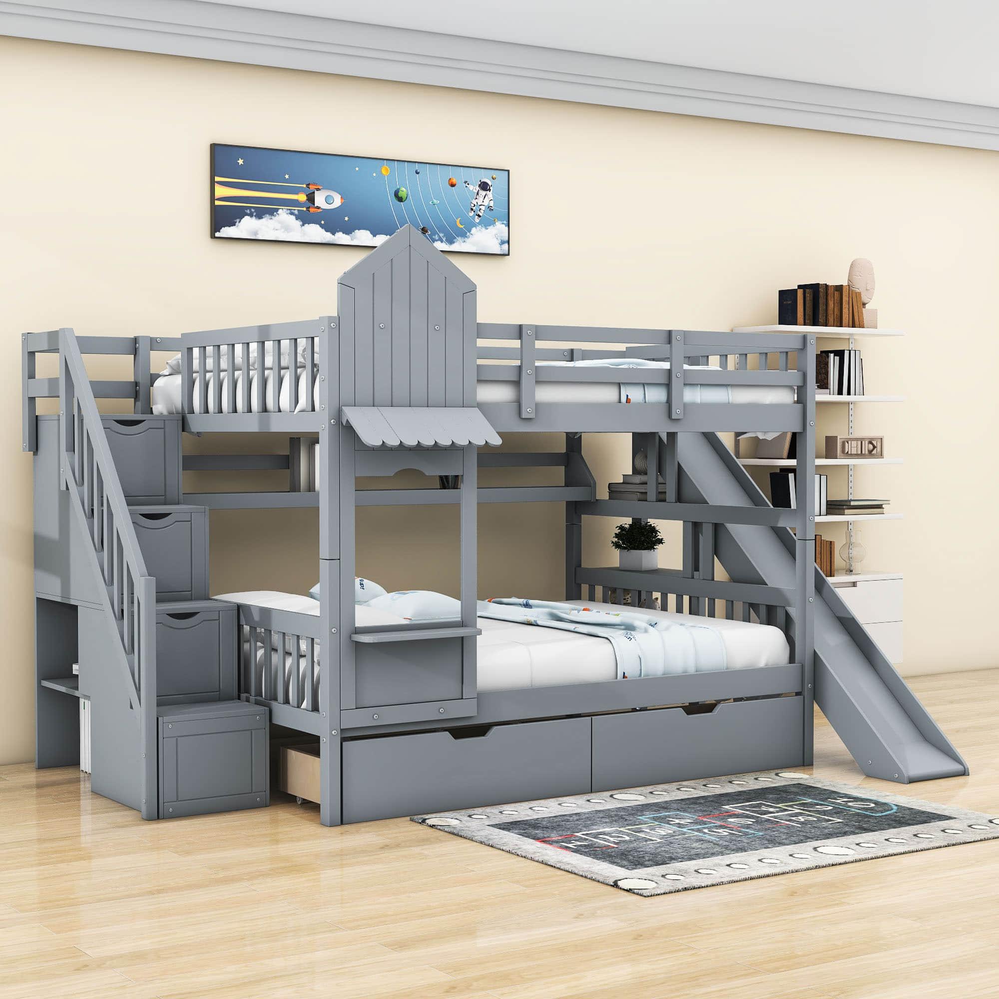 Full Over Full Castle Bunk Beds with Stairs and Slide for Girls, Boys