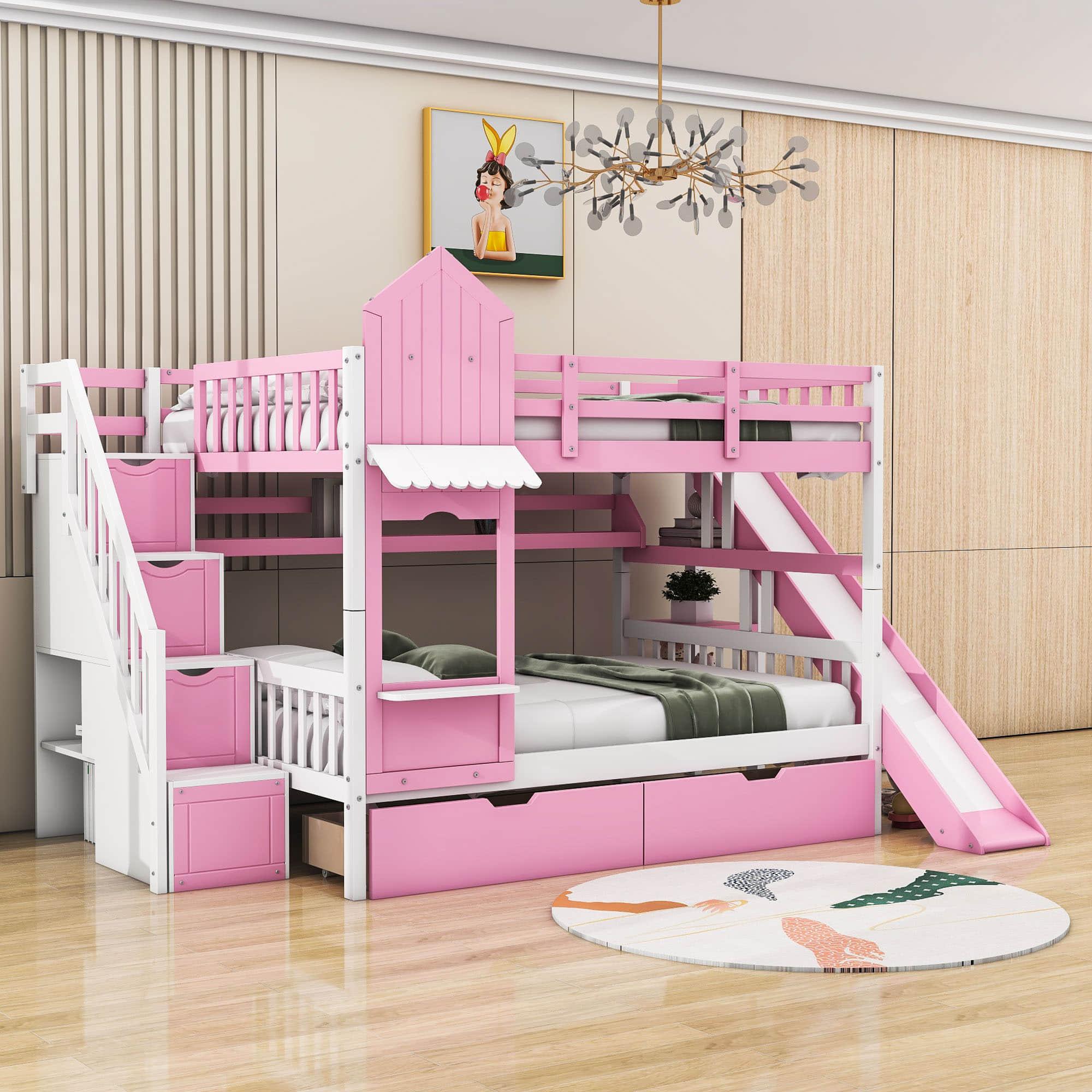 Full Over Full Castle Bunk Beds with Stairs and Slide for Girls, Boys