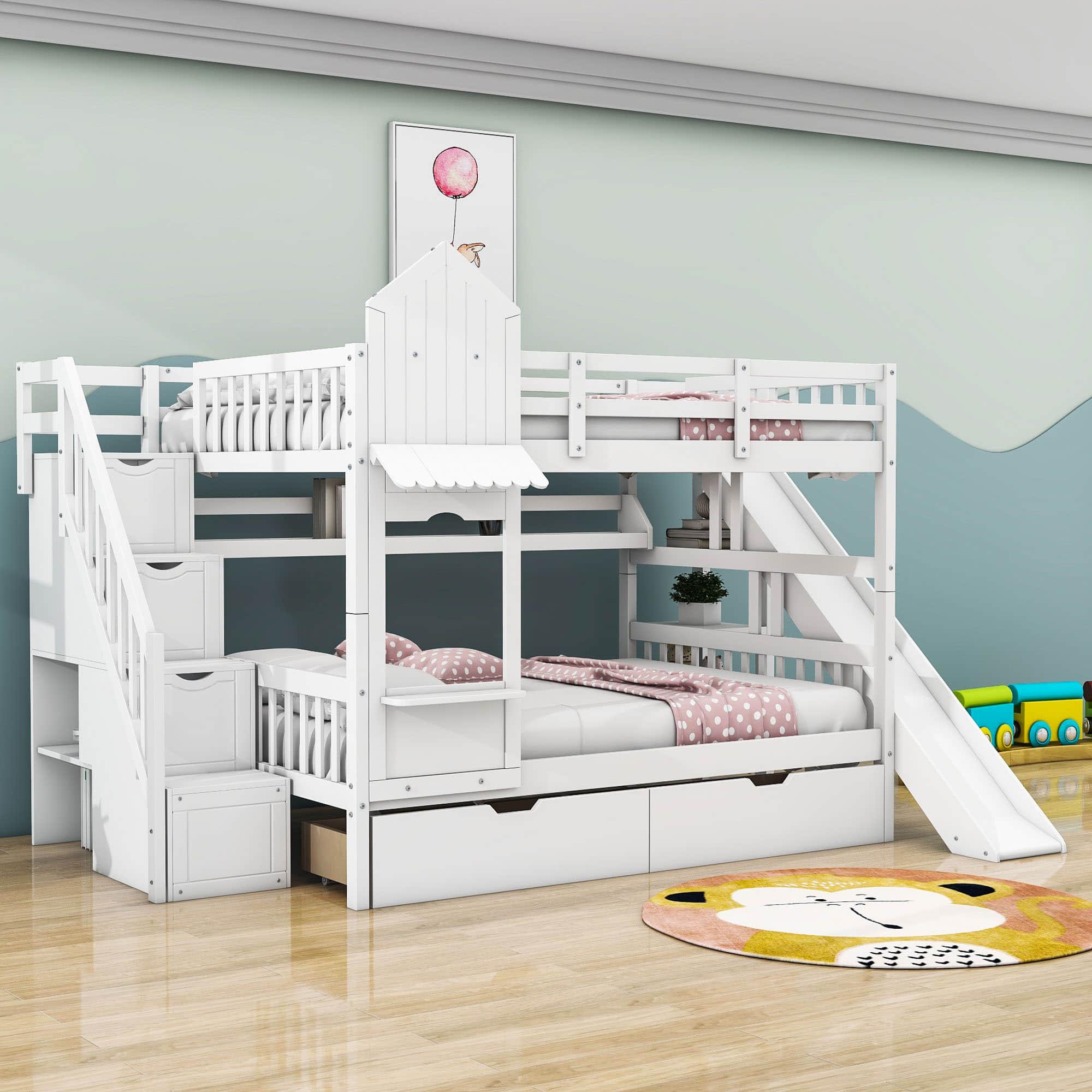 Full Over Full Castle Bunk Beds with Stairs and Slide for Girls, Boys