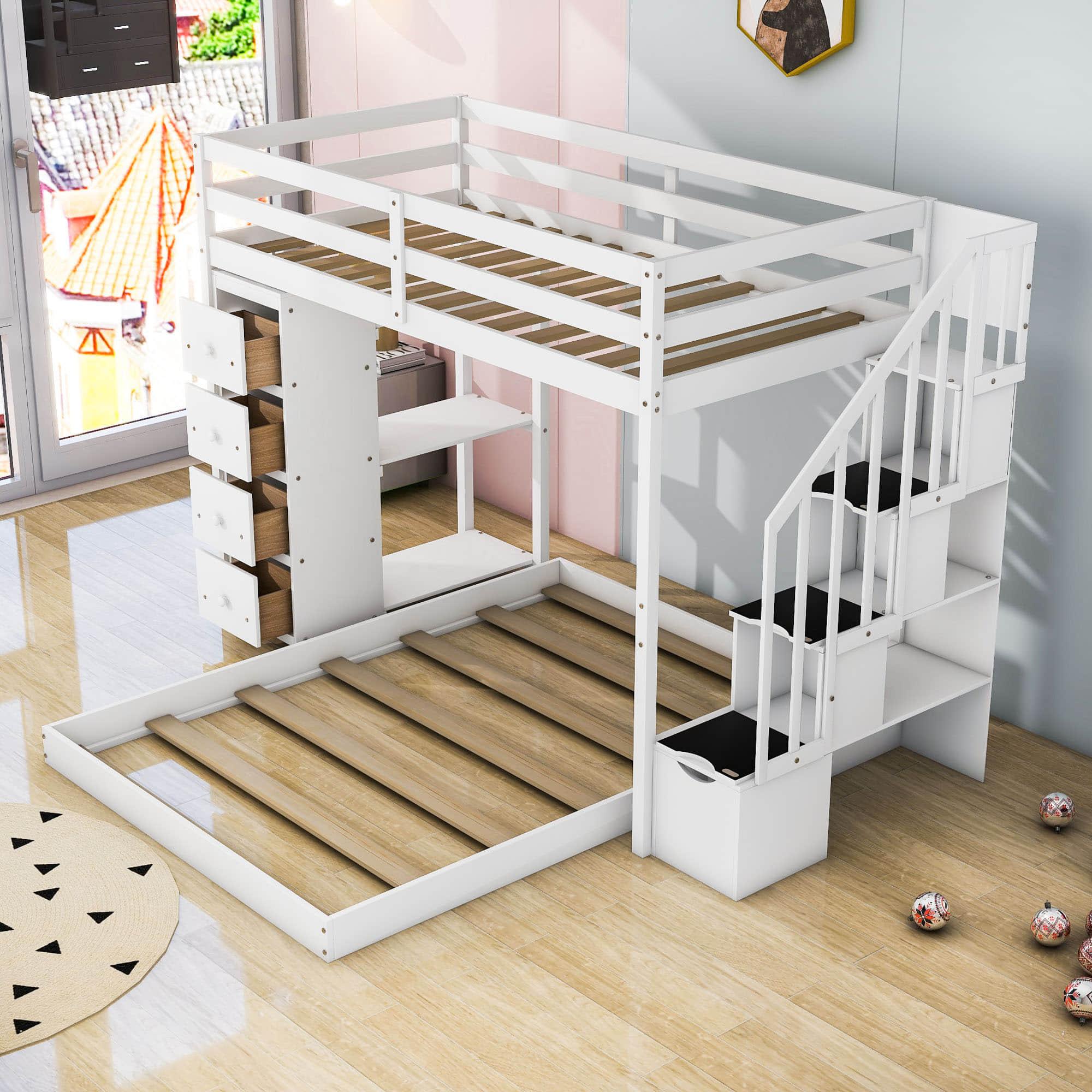 L-Shaped Twin Over Full Floor Bunk Beds for Toddlers, Kids with Stairs