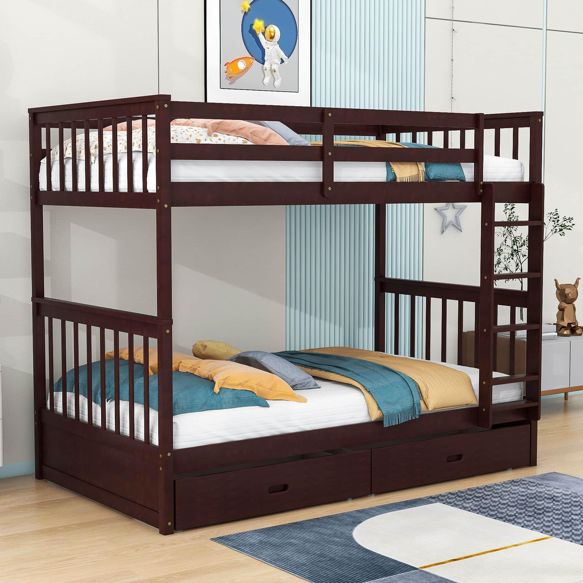 Wooden Twin Over Twin Bunk Beds with Storage Drawers - [Convertible]