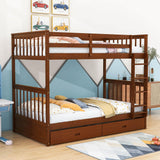 Wooden Twin Over Twin Bunk Beds with Storage Drawers - [Convertible]