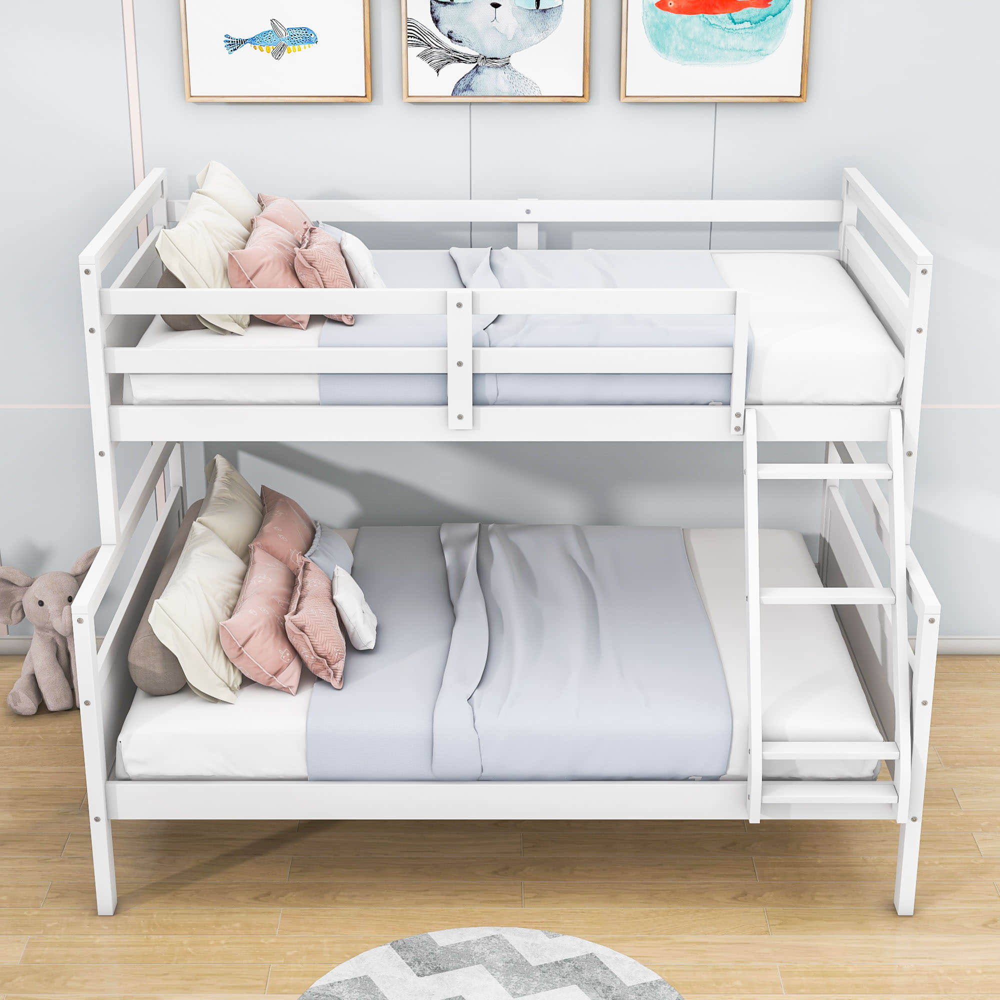 Wooden Twin Over Full Convertible Bunk Bed for Kids, Adults